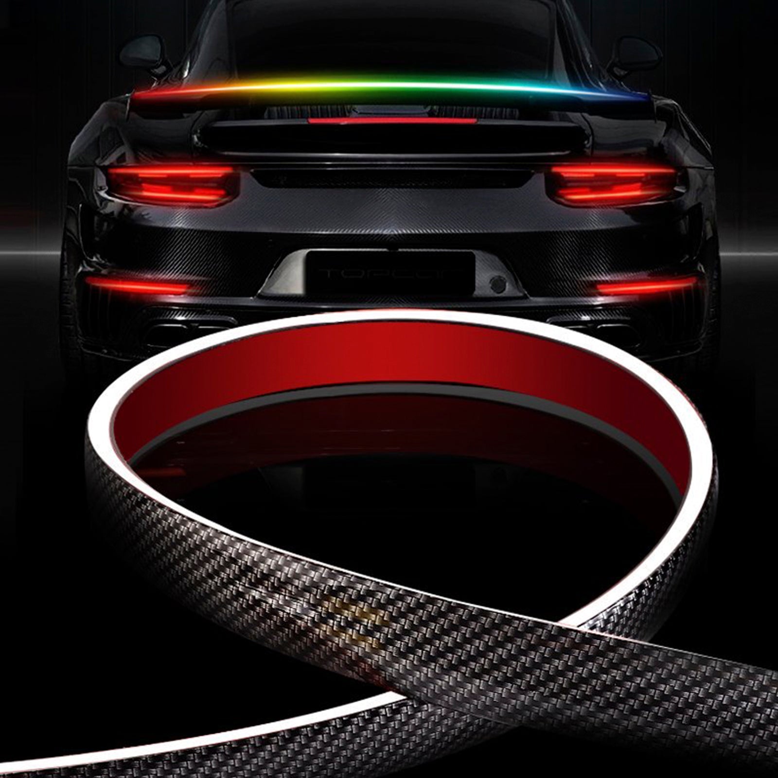 Coche de carbono de carbono trasero, fuego LED, alerón trasero, labio de freno, cofre, multicolor, 1.3 m