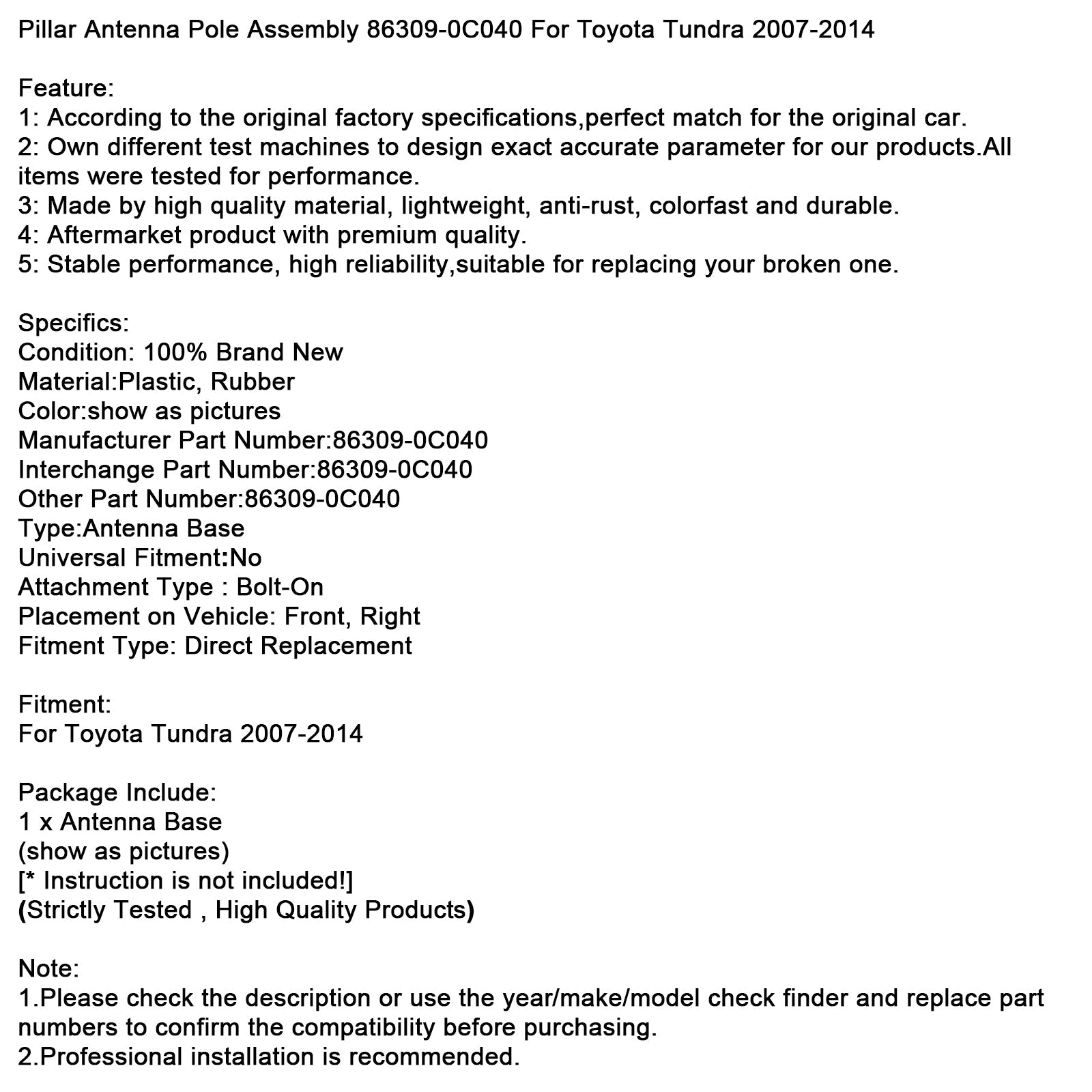 Ensemble de mât d'antenne de montant pour Toyota Tundra 2007-2014, référence 86309-0C040