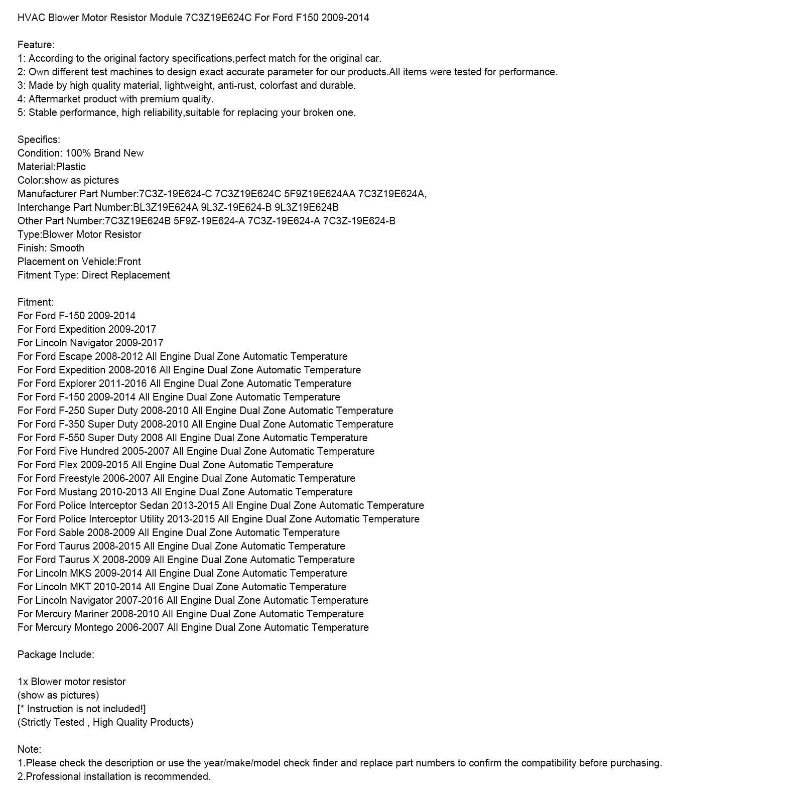 Moduł rezystora silnika dmuchawy klimatyzacji 7C3Z19E624C dla Forda F150 2009-2014