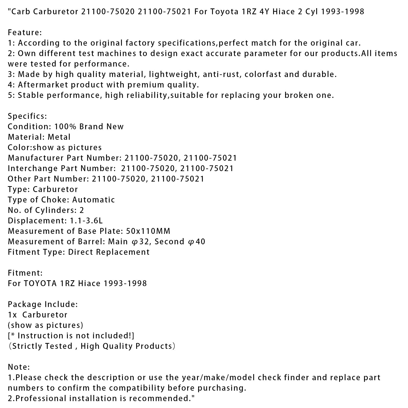 Carburador 21100-75020 21100-75021 para Toyota 1RZ 4Y Hiace de 2 cilindros (1993-1998)