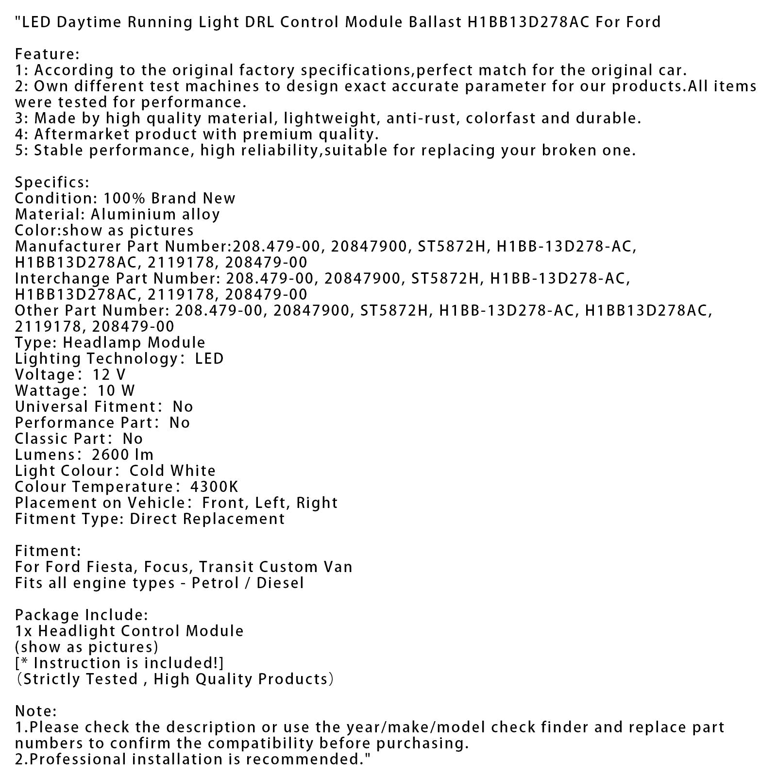 DRL LED Daytime Control Module voor Ford Fiesta Van, Focus, Custom H1BB13D278AC