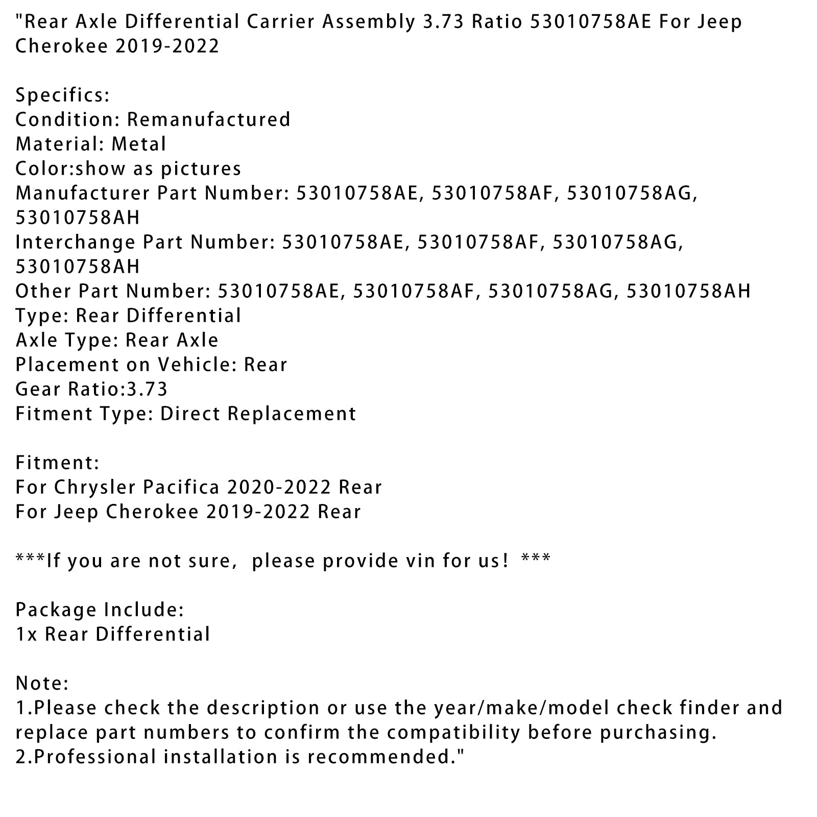 Support de différentiel d'essieu arrière Chrysler Pacifica 2020-2022, rapport 3,73, 53010758AE et 53010758AF