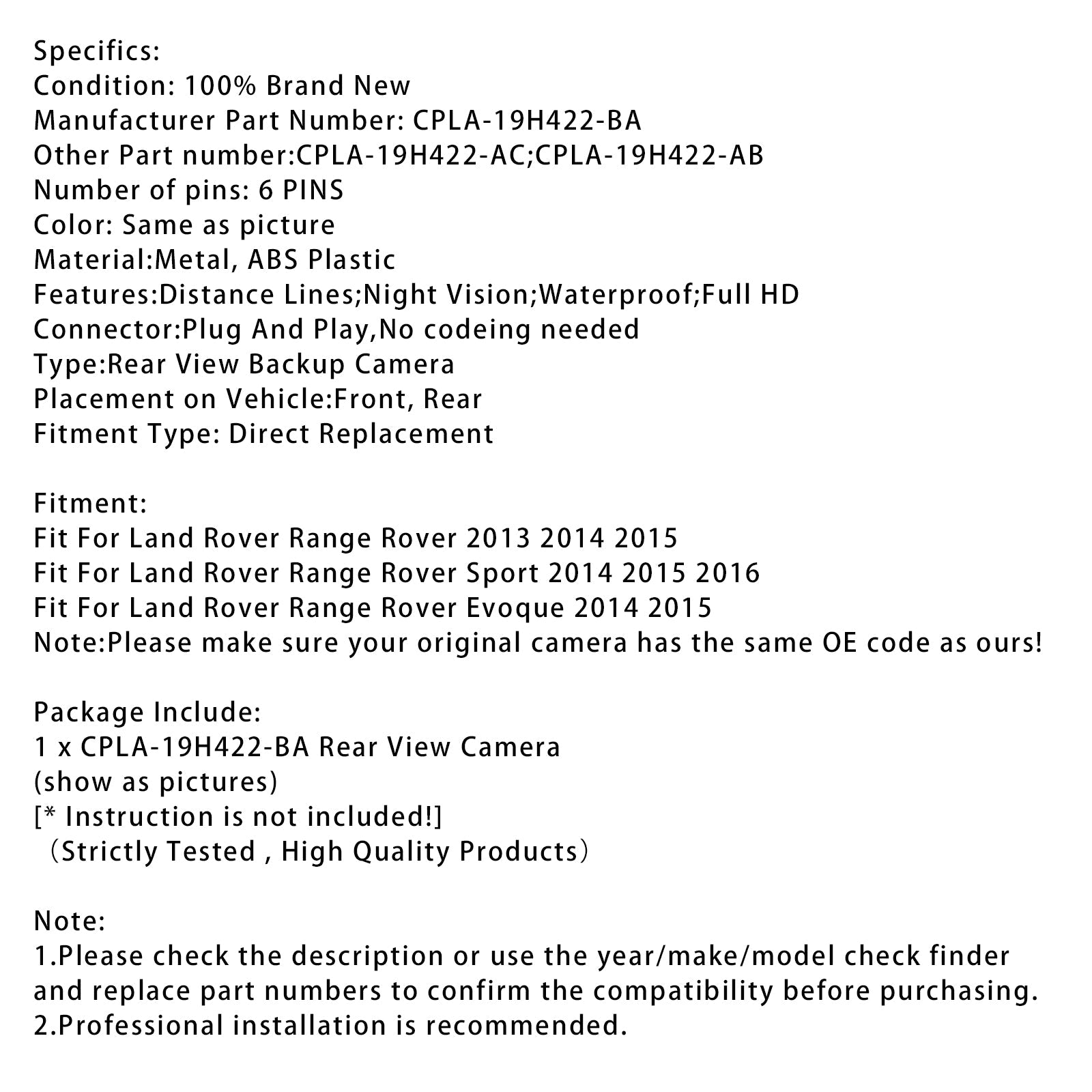 Camera invertibile per Land Rover Range Rover Evoque 2014-2015, Assistenza al parcheggio CPLA-9: 422-B