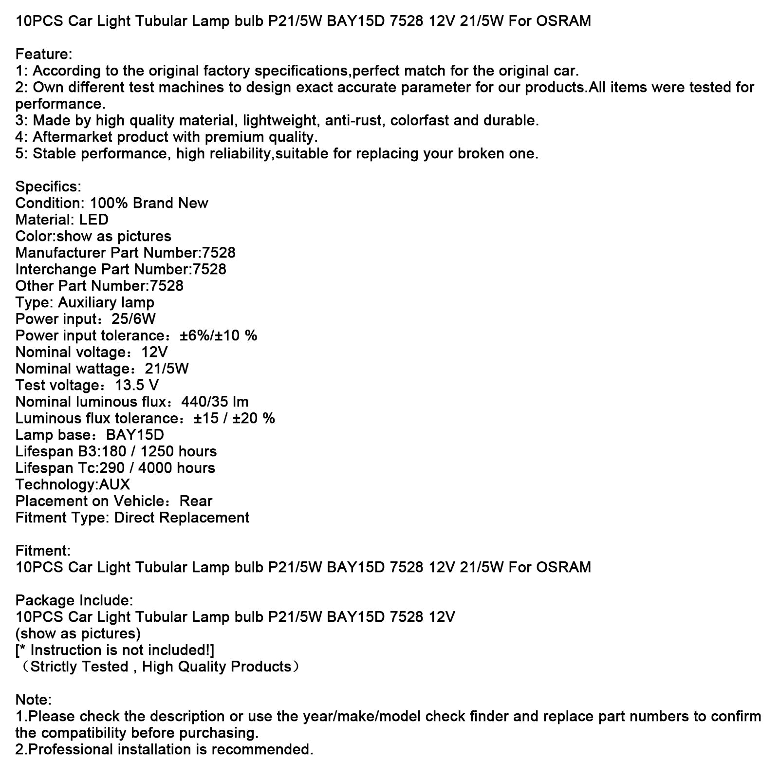Lote de 10 bulbos tubulares para la iluminación del automóvil P21/5 W BAY15D 7528 12 V 21/5 W para OSRAM