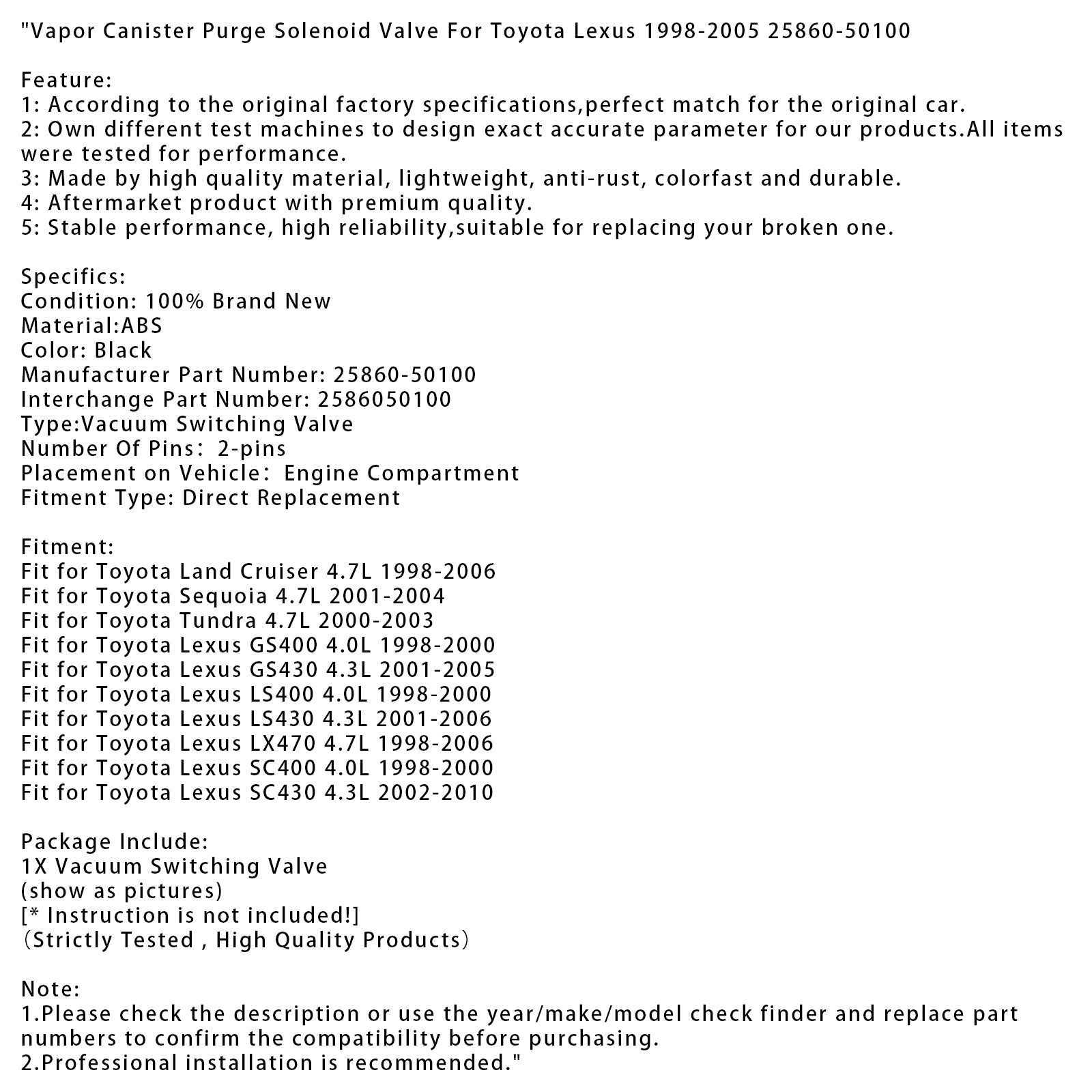 magneetventiel voor het ontluchten van het reservoir'verdamping voor Toyota Lexus 1998-2005 25860-50100