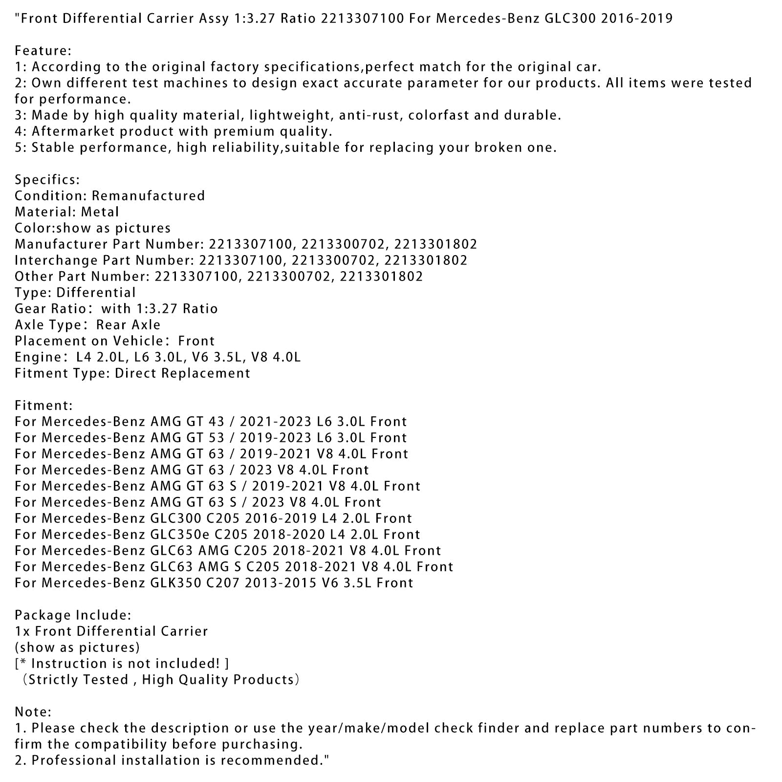 Ensemble de support de différentiel avant Mercedes-Benz GLK350 C207 V6 3,5 L 2013-2015 rapport 1:3,27 2213307100 2213300702