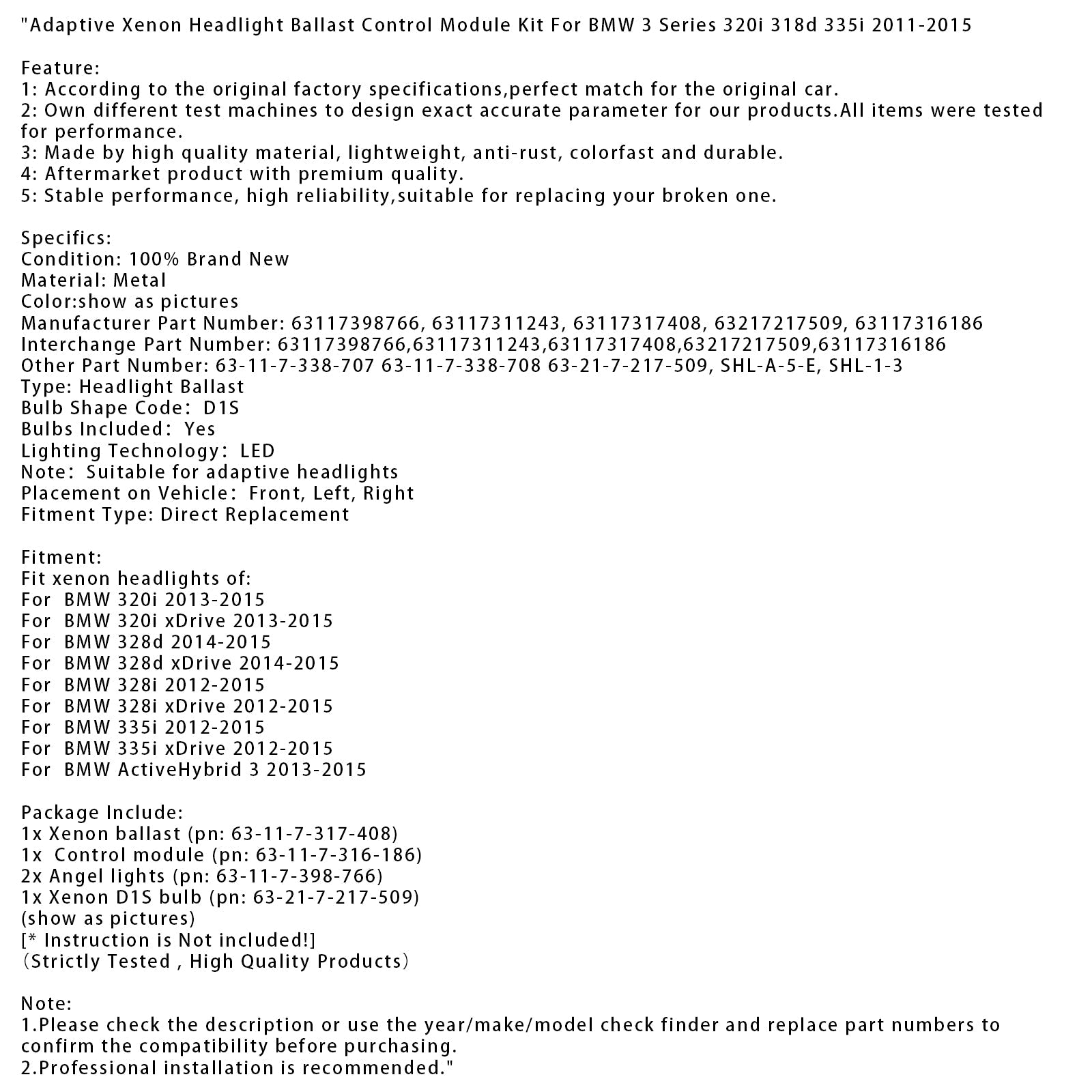 Kit de módulo de control de balasto de xenón adaptativo para BMW 328d (2014-2015) 63117398766 63117311243