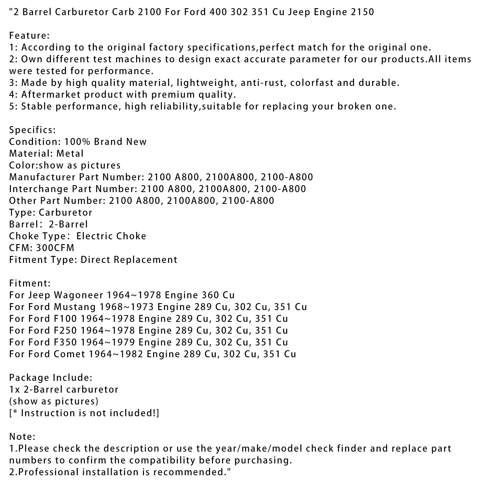 1964 ~ 1978 Jeep Wagoneer Engine 360 Cu 2 Barrel Gaźnik Carb 2100 2100A800