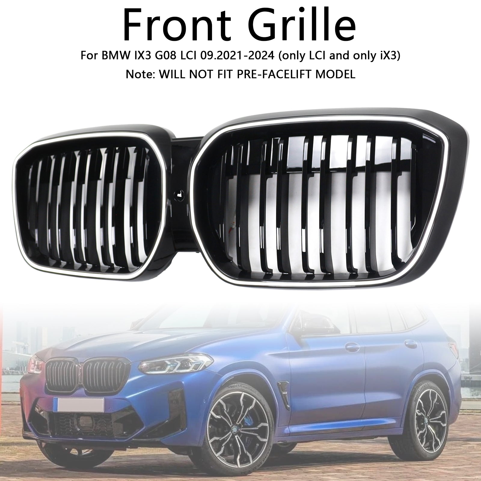 Grille de calandre avant noire à double lamelles pour BMW IX3 G08 LCI 2022-2024