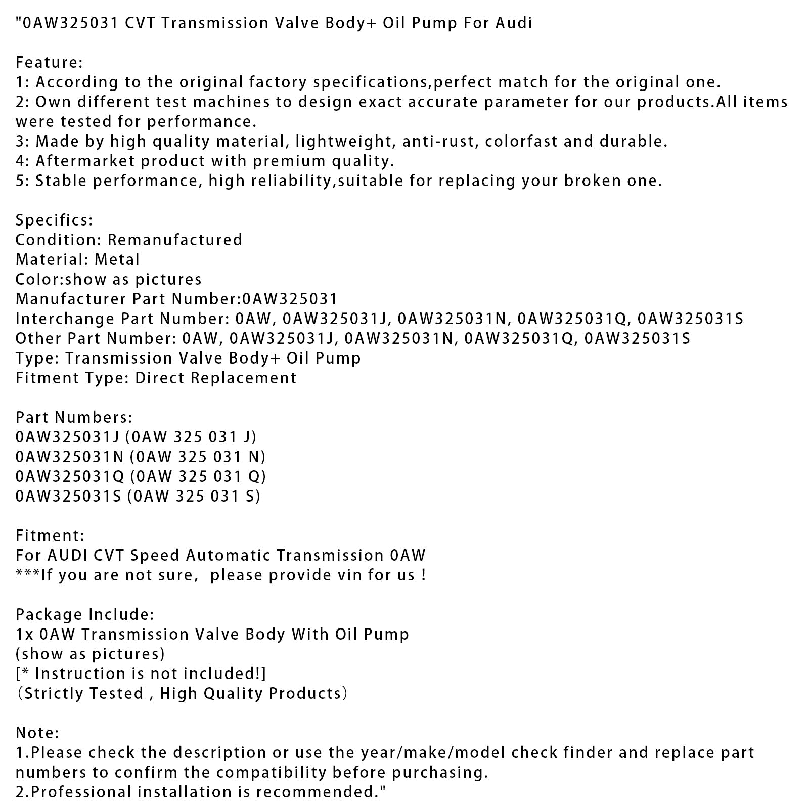 Corps de soupape de transmission automatique CVT AUDI Speed + pompe à huile 0AW325031