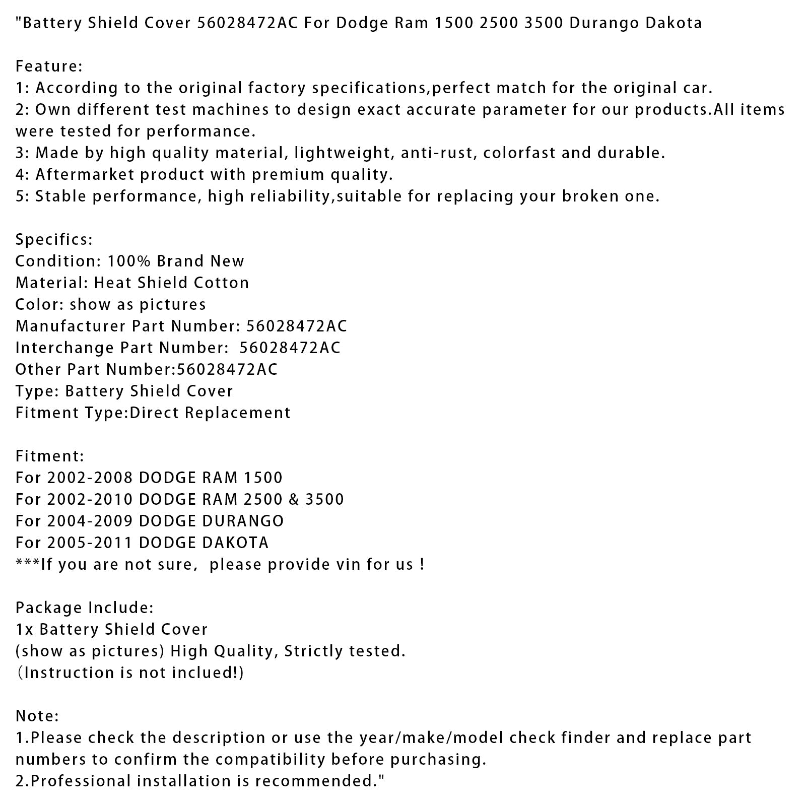 Predpomnilnik zaščite akumulatorja 56028472AC za Dodge RAM 1500 2500 3500 Durango Dakota