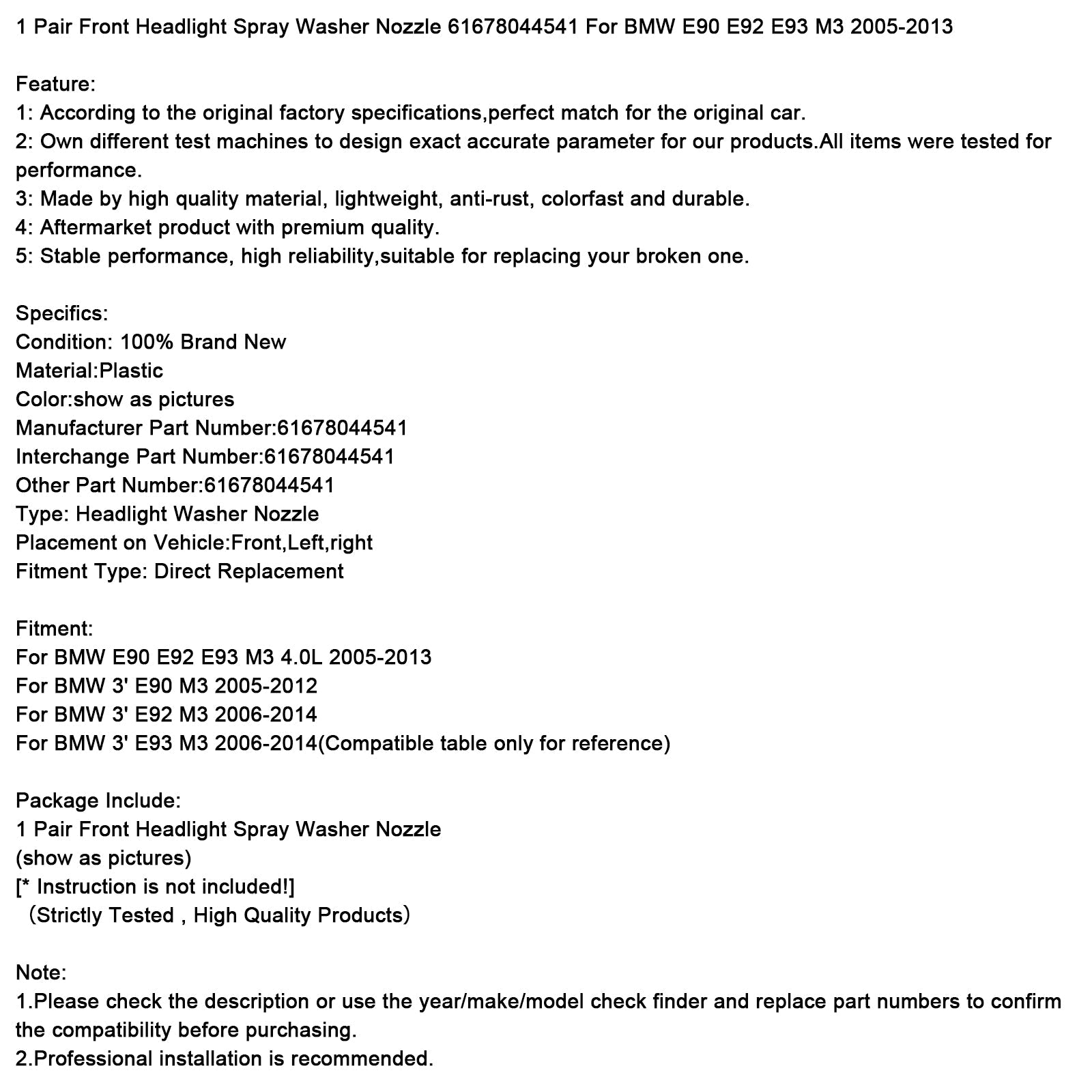 1 paire de buses de lave-phares avant 61678044541 pour BMW M3 2005-2013