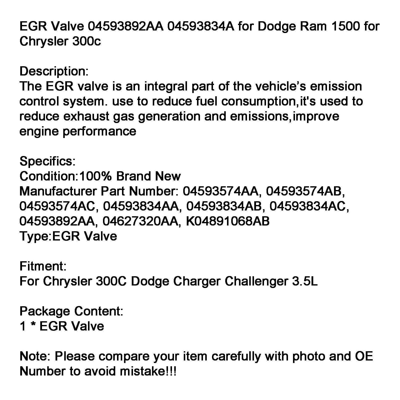 Vanne EGR Chrysler 300C Dodge Charger Challenger 3,5 L 04593892AA 04593834A