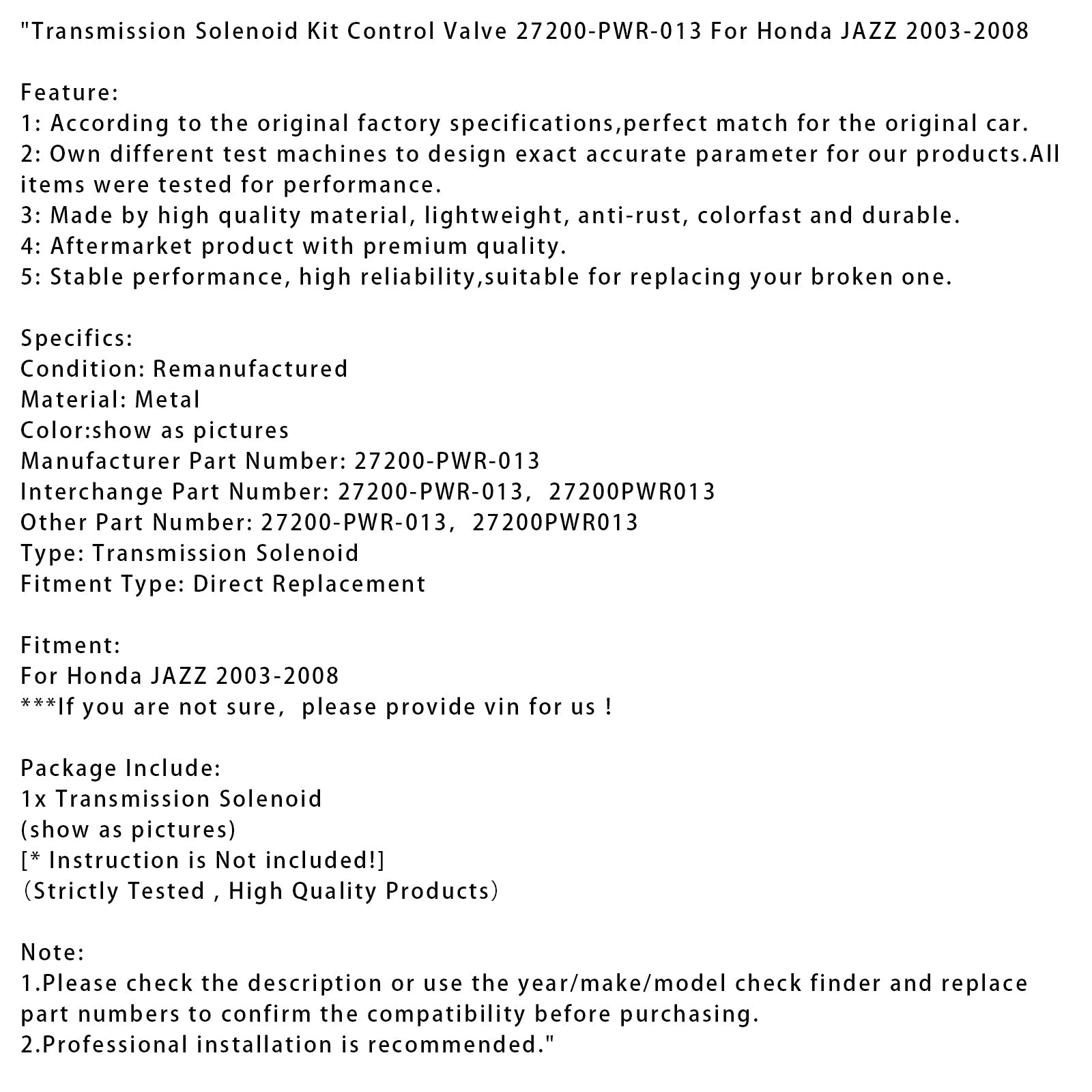 Kit de solénoïde de transmission pour Honda JAZZ 2003-2008, vanne de commande 27200-PWR-013