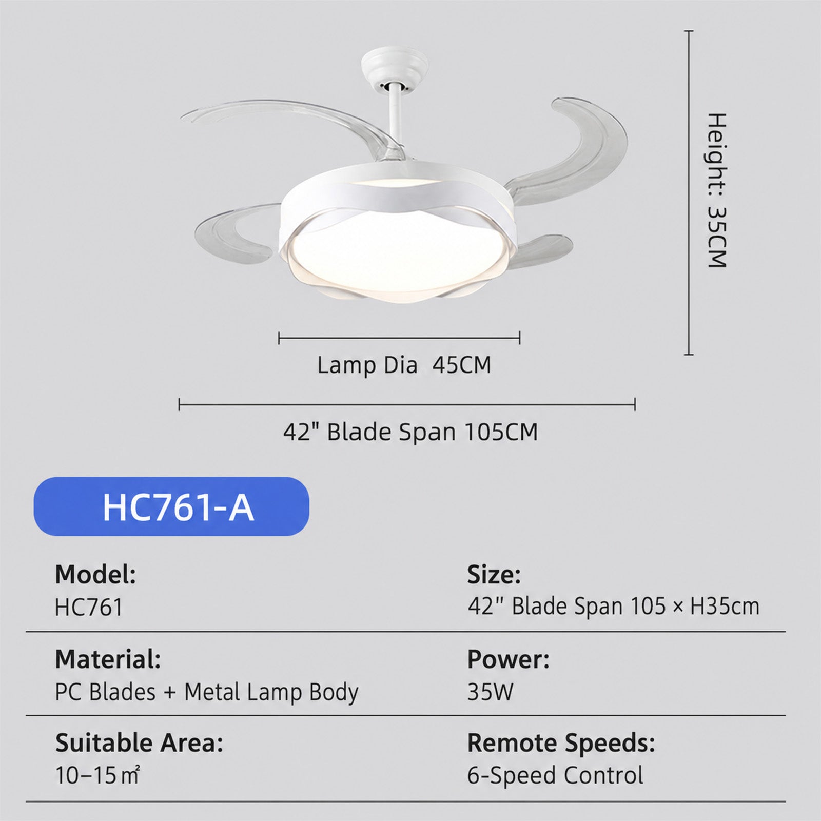 Ventilateur de Plafond Extra-Plat avec Éclairage – Contrôle par Télécommande/Application, Design Moderne, pour Chambre, Salon et Salle à Manger, Ventilateur Rétractable Blanc