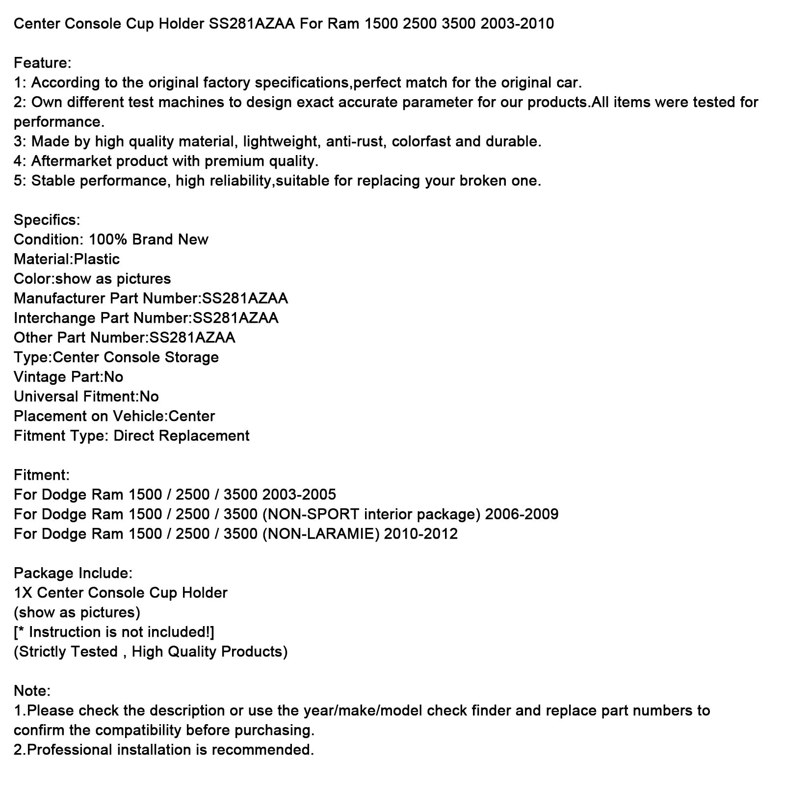 Portabicchieri per console centrale con foro grande SS281AZAA per Ram 1500 2500 3500 03-10