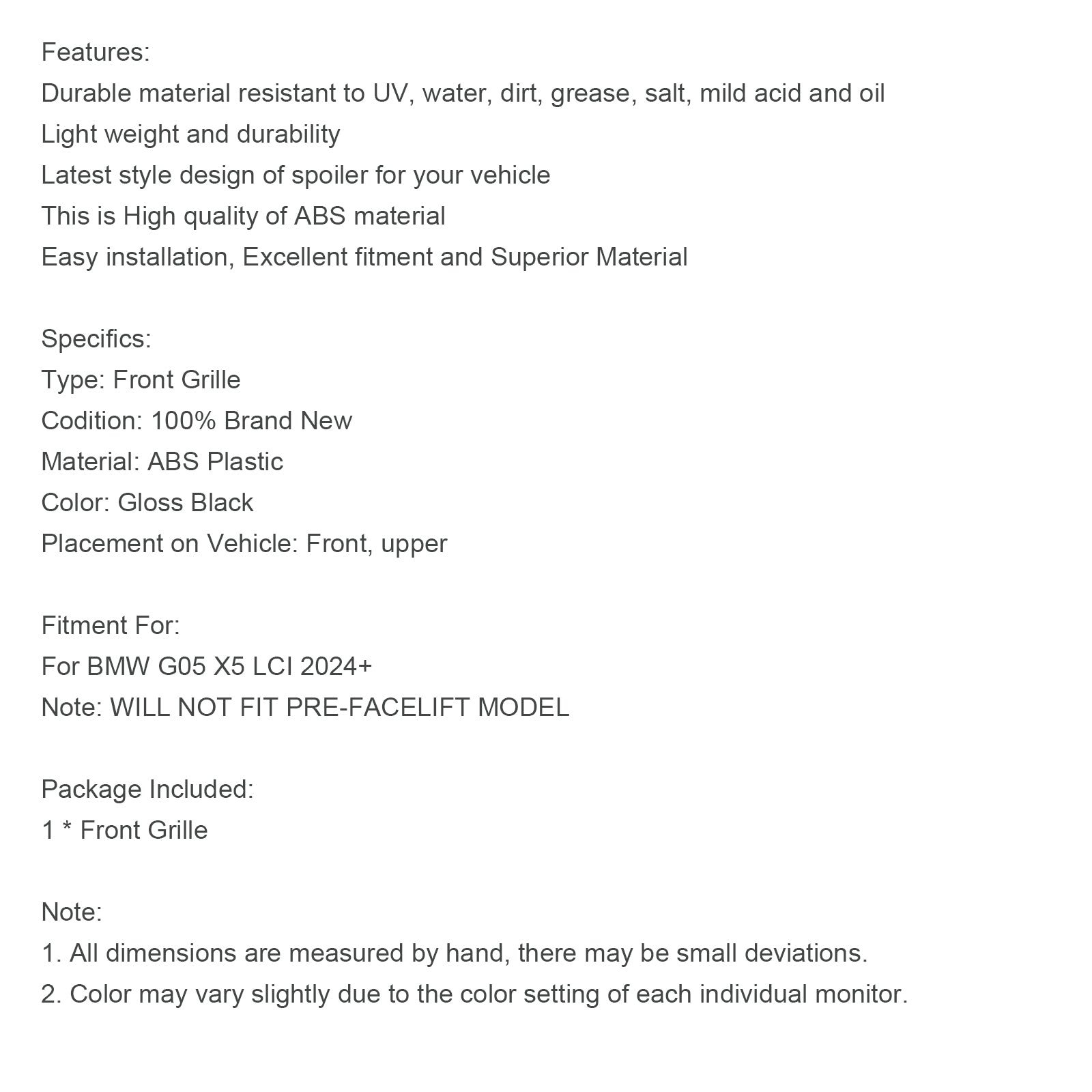 2024+ BMW G05 LCI X5 Czarna błyszcząca pojedyncza linia Grill przedniego zderzaka