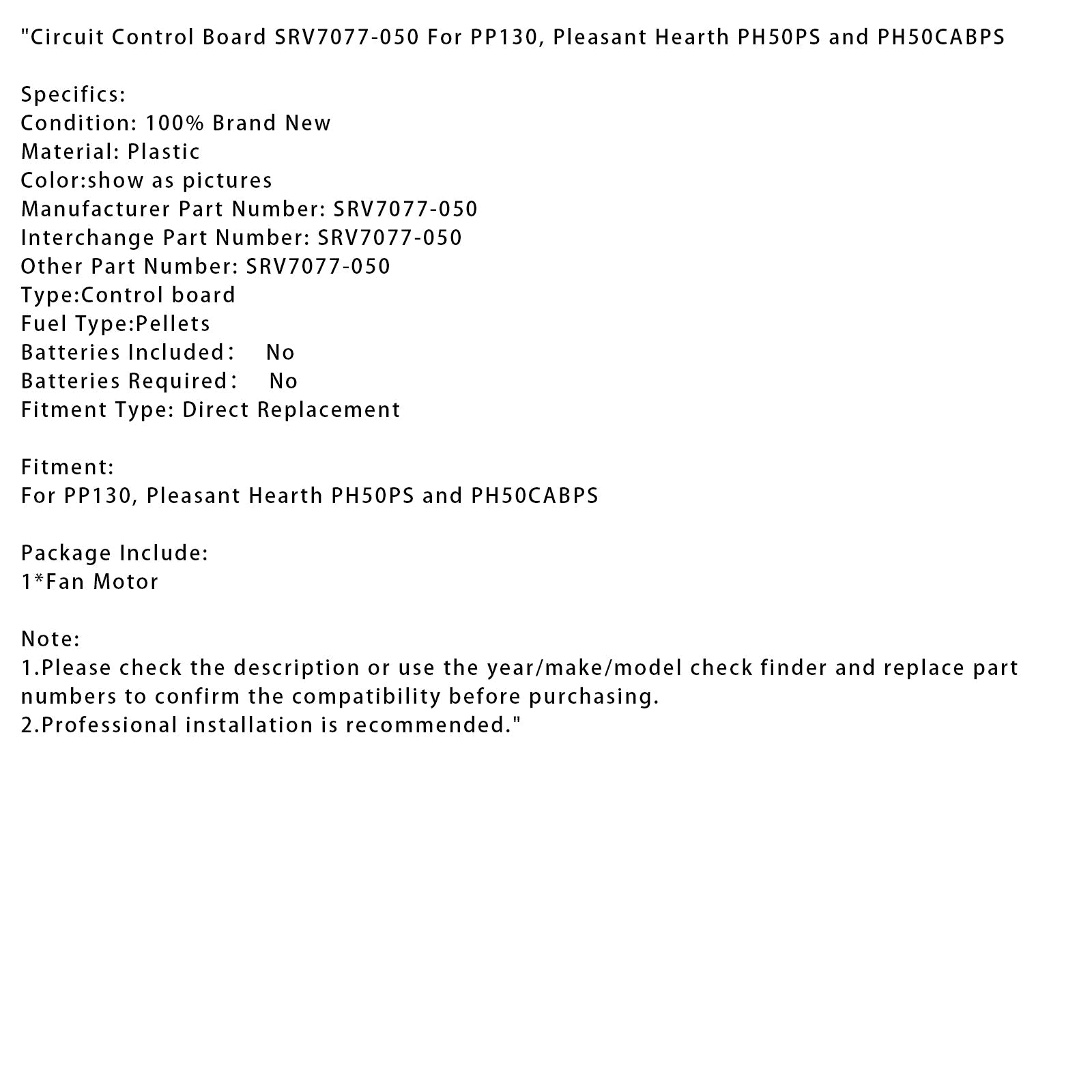 SRV7077-050 Scheda di controllo del circuito per PP130, Pleasant Hearth PH50PS PH50