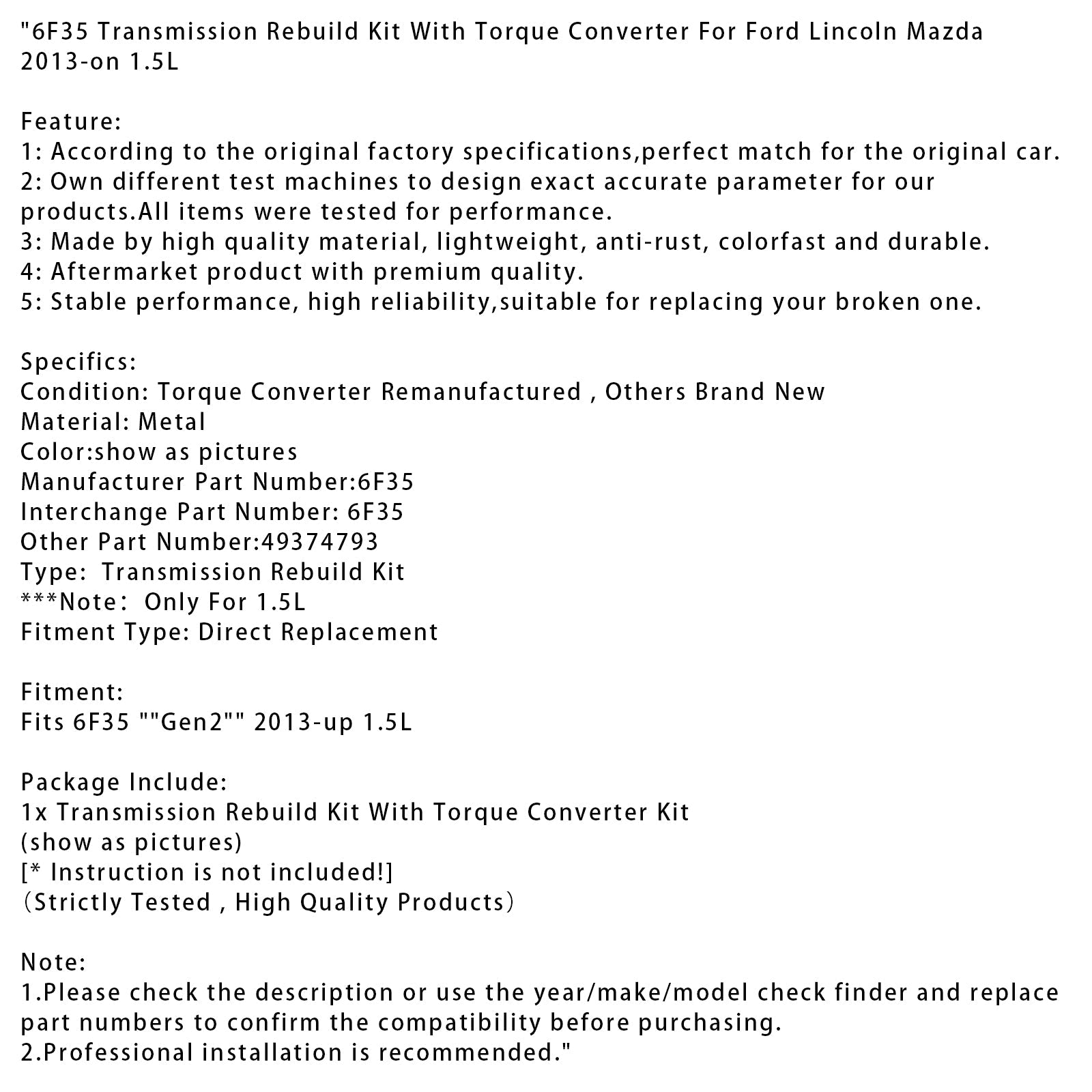 Kit de reconstrucción de transmisión con convertidor de torque para Ford 1.5L 6F35 (2013 y siguiente)