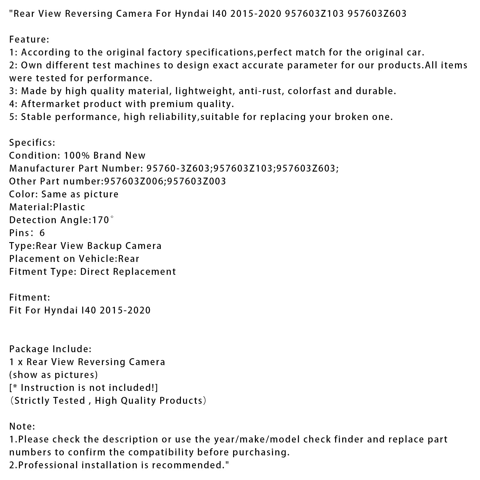 Achteruitrijcamera voor Hyundai I40 2015-2020 957603Z103 957603Z603