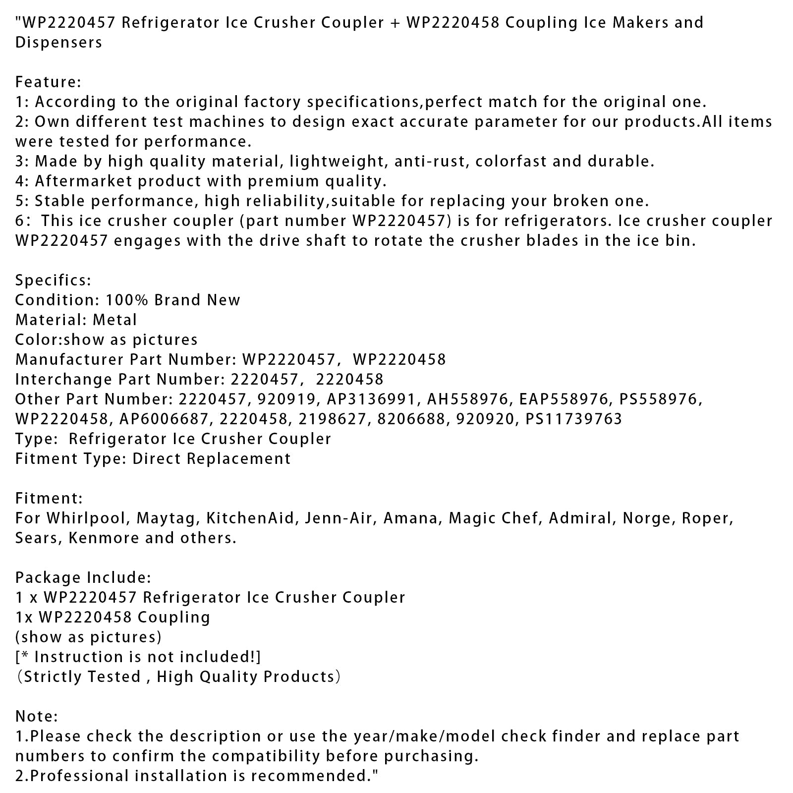 Coupleur pour broyeur à glace pour réfrigérateur WP2220457 + couplage WP2220458