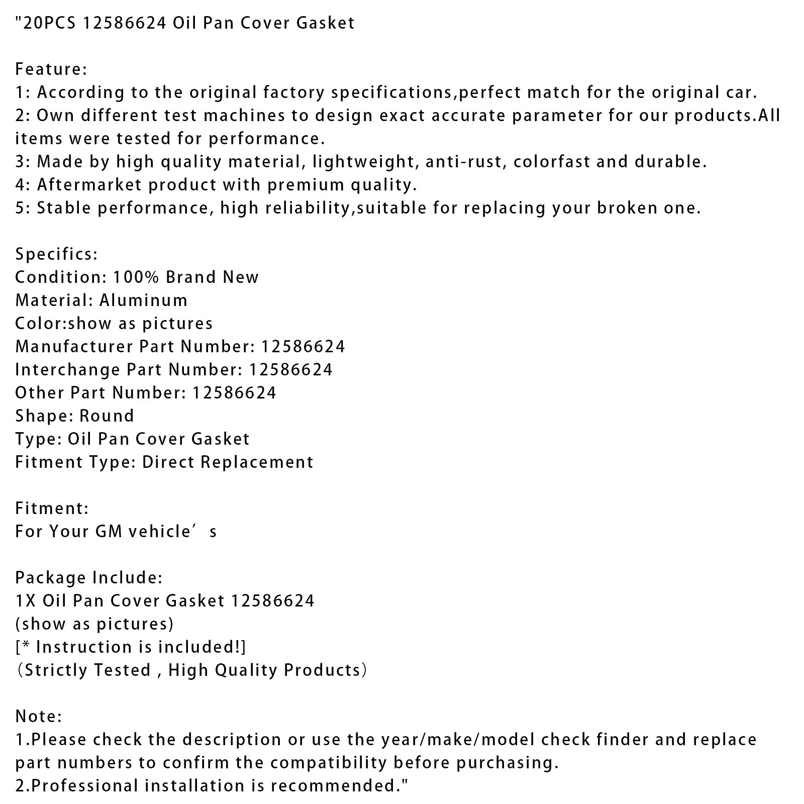 20 joints de couvercle de carter d'huile 12586624