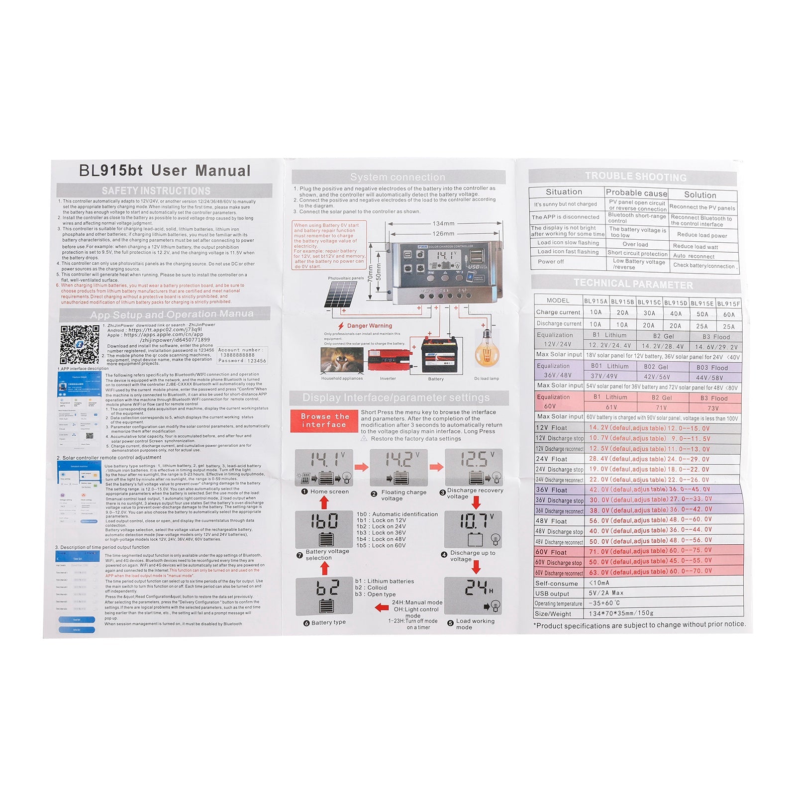 Contrôleur solaire PWM 10A-60A, application mobile, contrôle intelligent