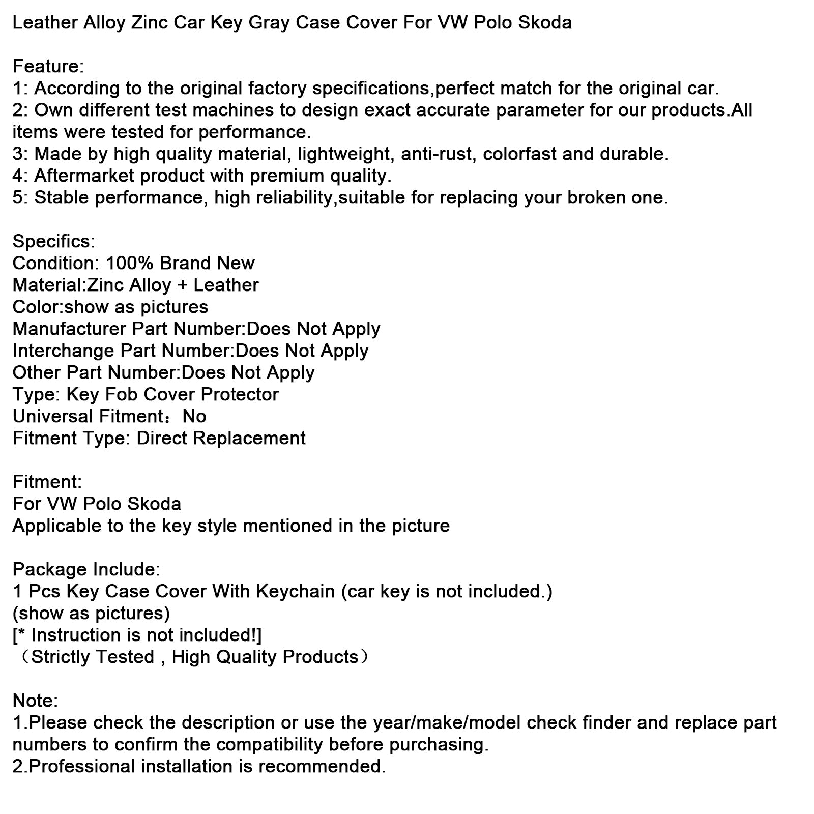 Funda para llaves de coche de piel gris y zinc para VW Polo Skoda, aleación de zinc y protección para llaves de coche.