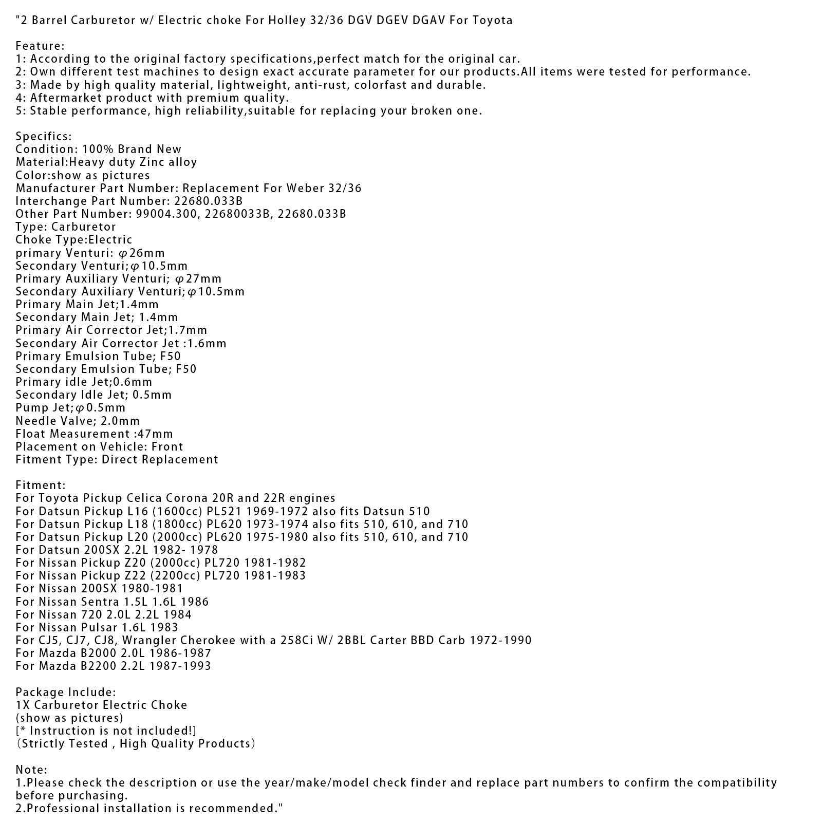 1973-1974 Datsun Pickup L18 (1800CC) PL620 è adatto anche per i carburatori 510, 610 e 710 con 2 corpi con antipasto elettrico per Holley 32/36 DGV DGAV DGAV