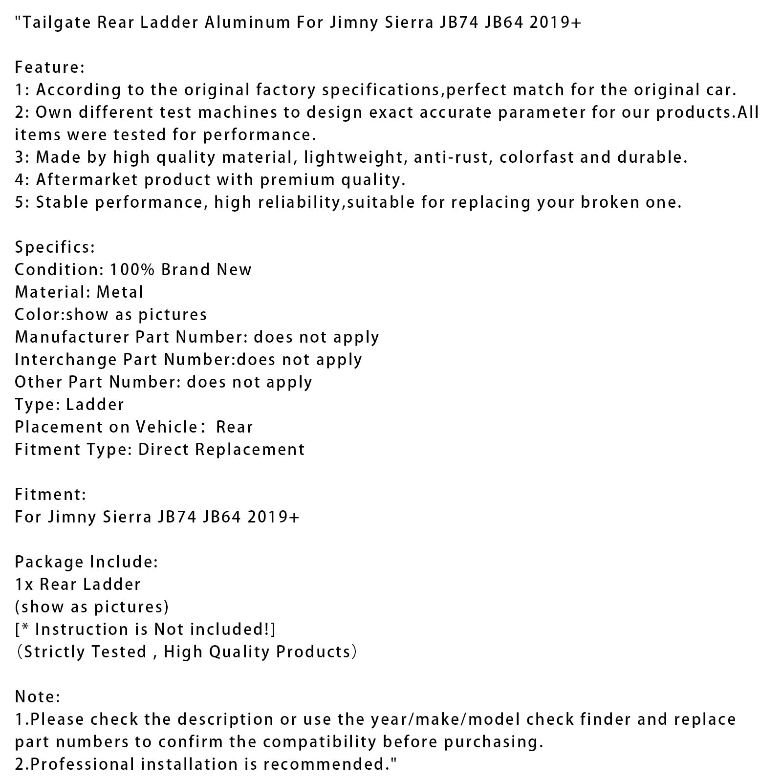 Échelle arrière en aluminium pour Jimny Sierra JB74 JB64 (à partir de 2019)