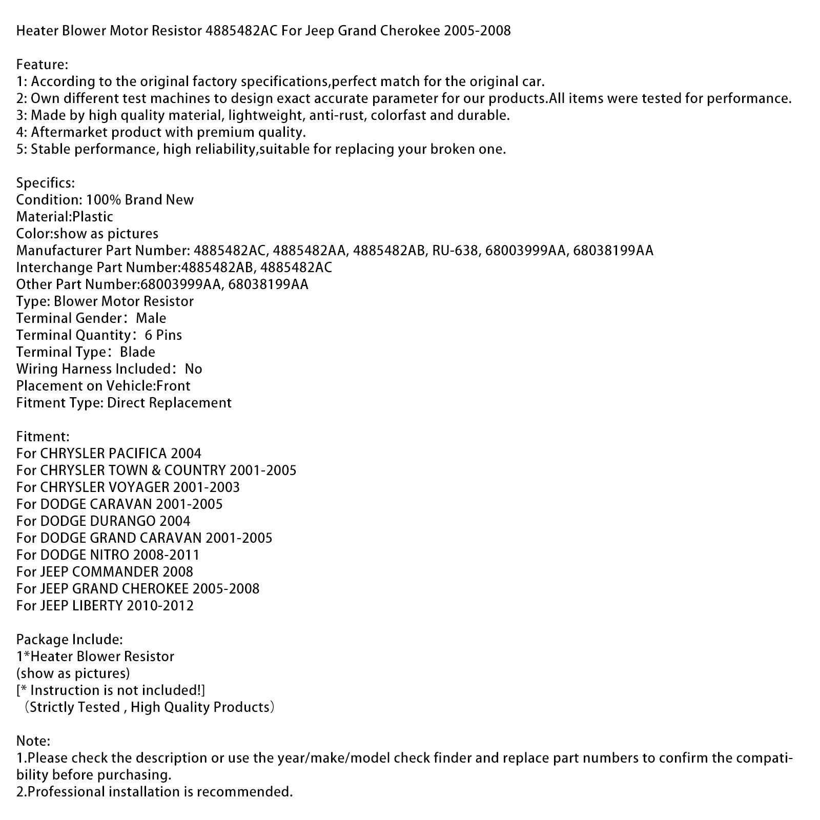 Résistance de moteur de ventilateur de chauffage 4885482AC pour Jeep Grand Cherokee 2005-2008