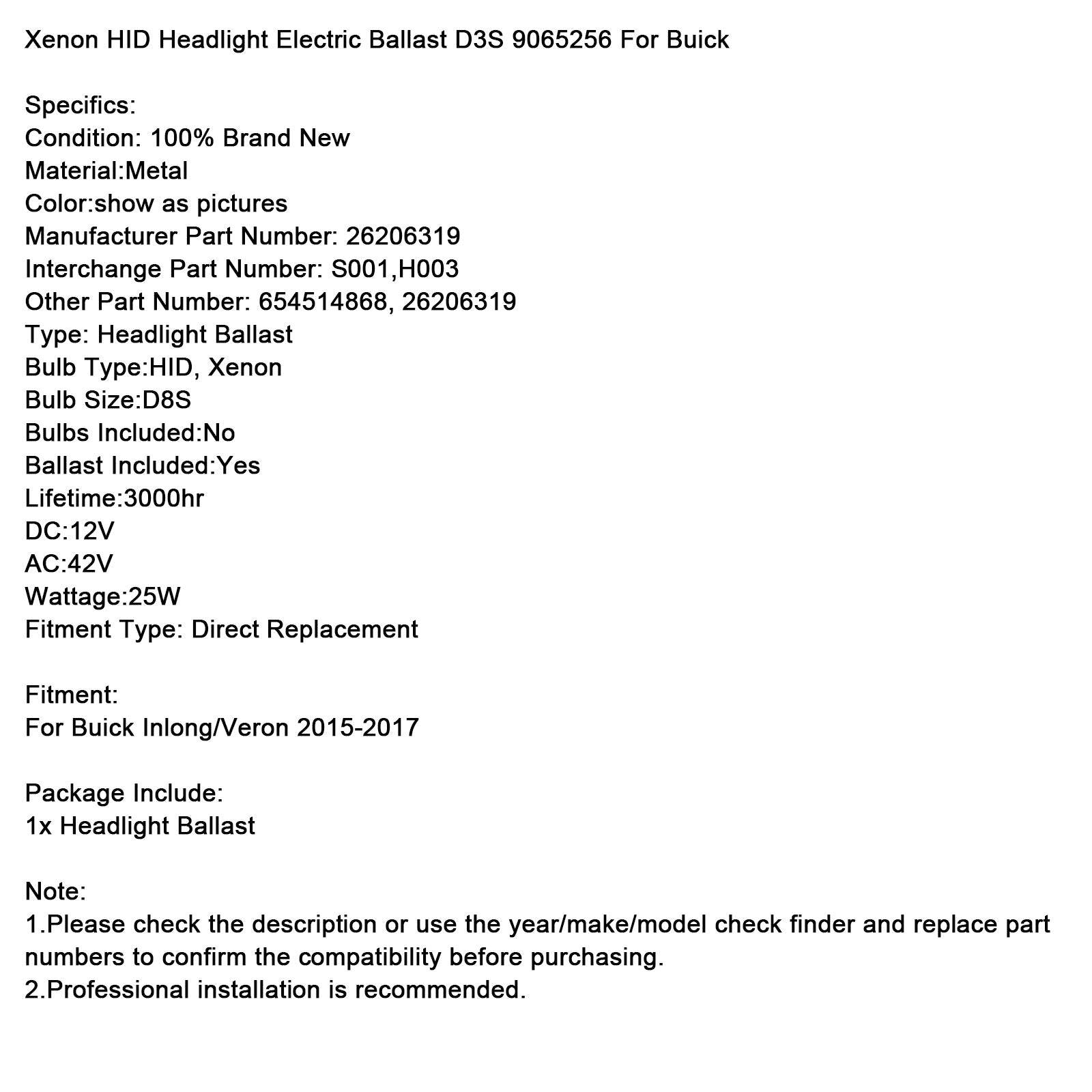 Ballast électrique pour phares au xénon HID Buick Inlong Veron 2015-2017 D8S 26206319