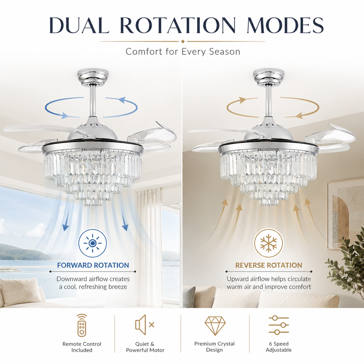 Ventilateur de plafond en cristal de 106 cm avec éclairage pales rétractables couleur argent 6 vitesses