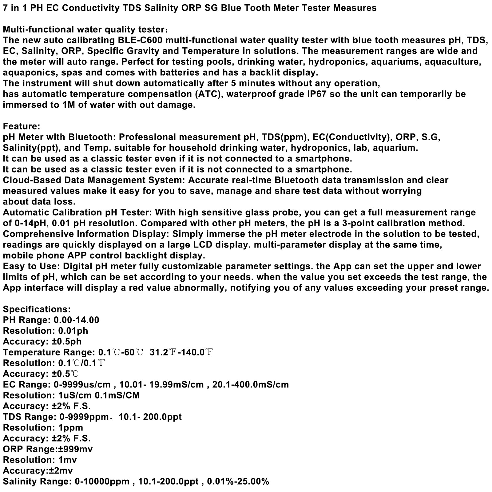 Testeur de mesure Bluetooth 7 en 1 PH EC Conductivité TDS Salinité ORP SG