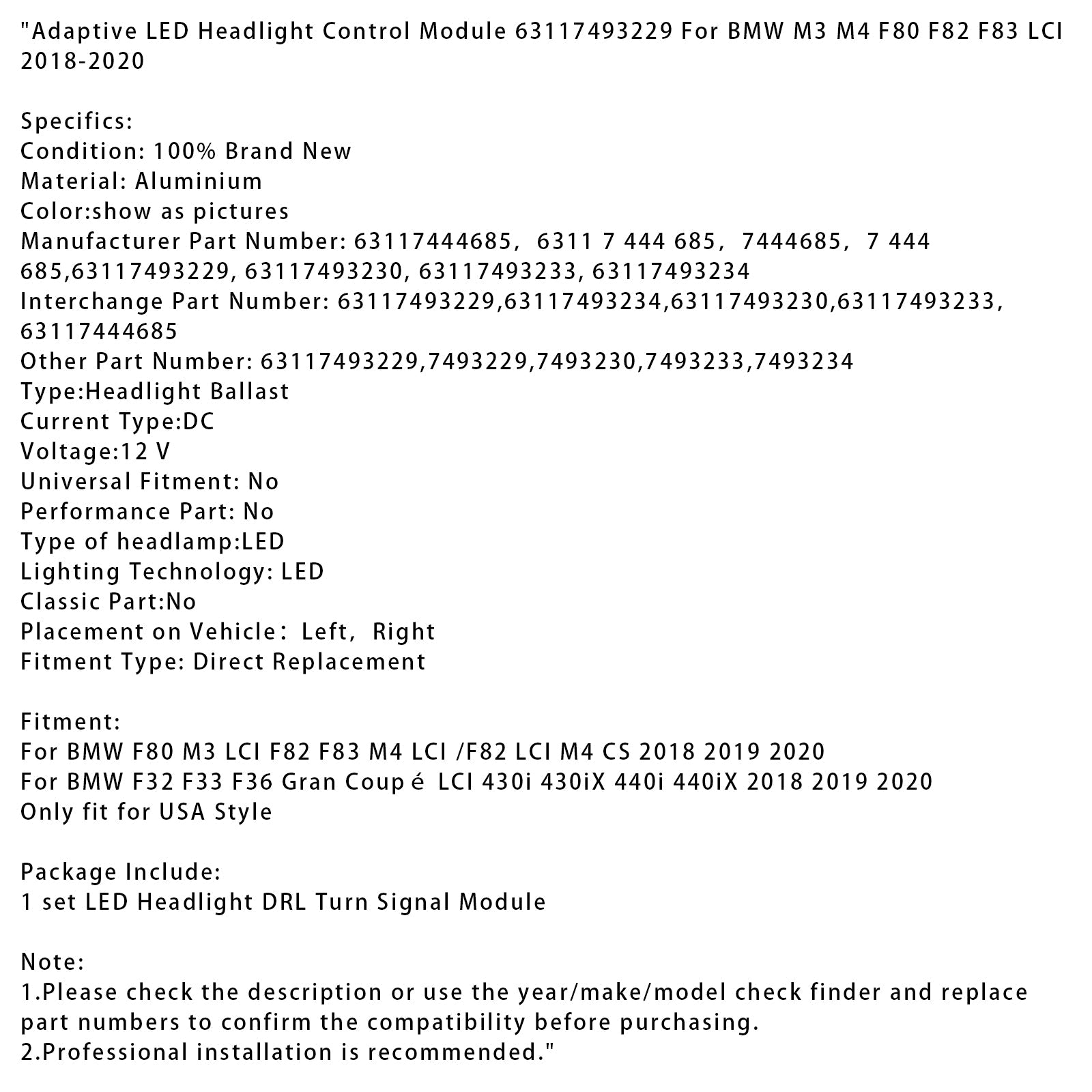 Module de commande de phares à DEL adaptatifs 63117493229 pour BMW F32 F33 F36 Gran Coupé LCI 430i 430iX 440i 440iX 2018 2019 2020