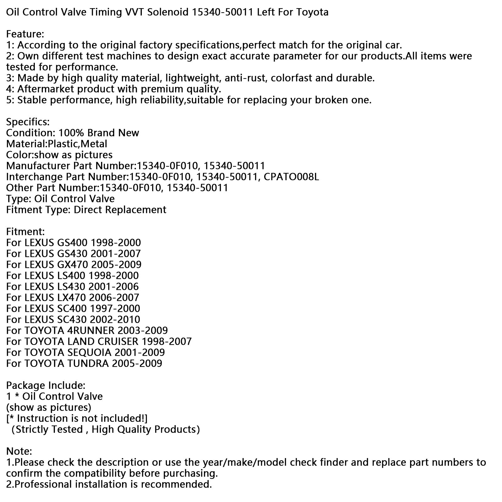 Elettrovalvola di controllo'Olio VVT 15340-50011 sinistro per Toyota