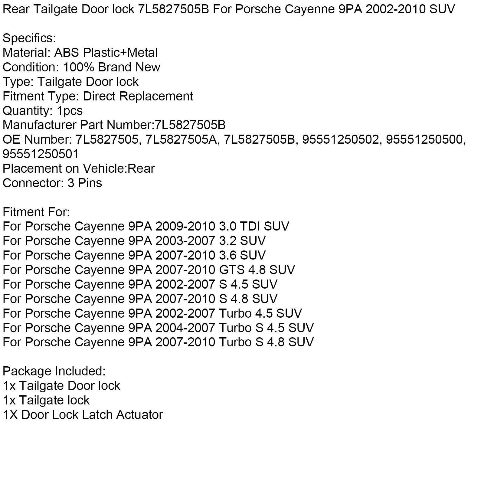 Blokada drzwi tylnej tylnej klapy 7L5827505B dla Porsche Cayenne 9pa 2002-2010 SUV