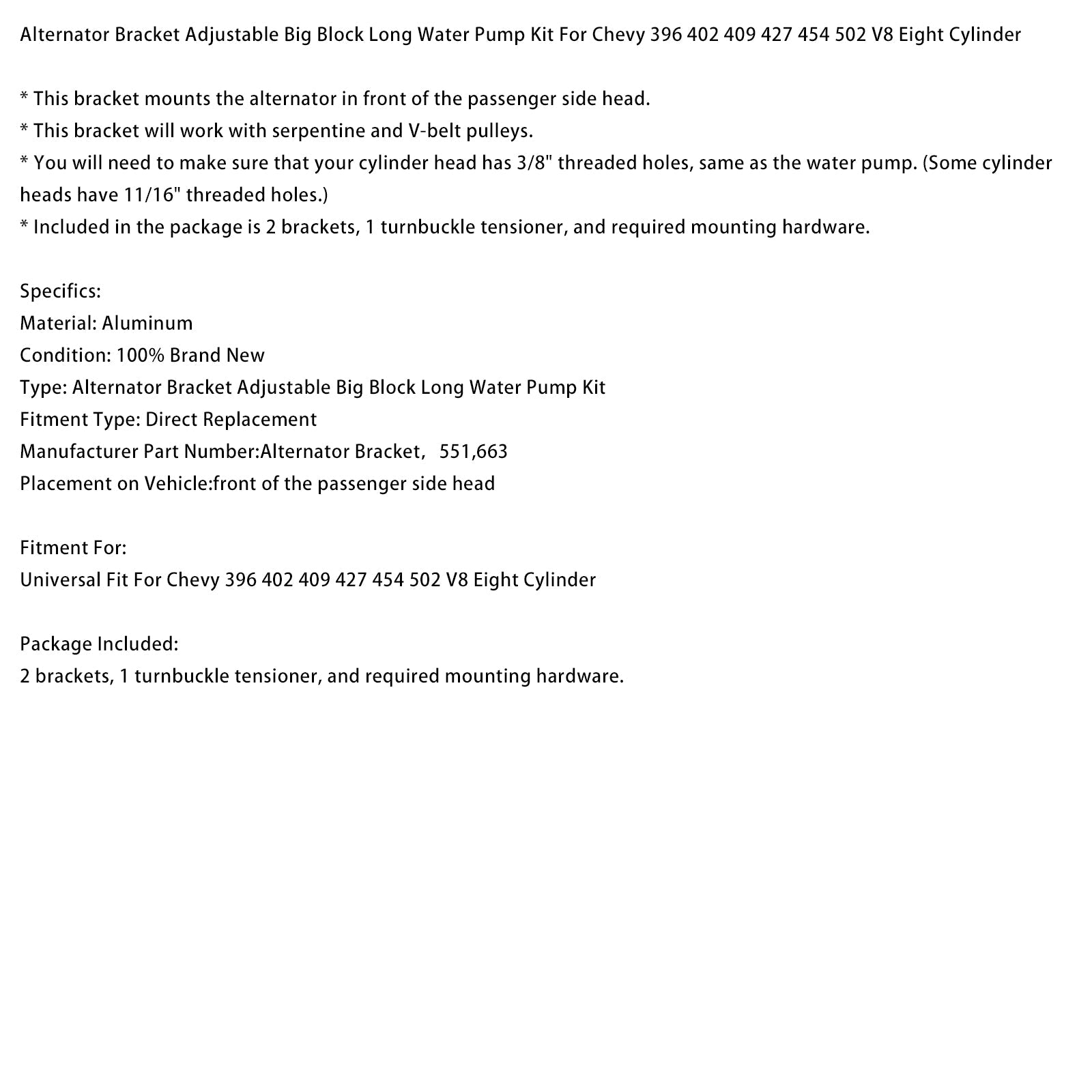 Verstelbare lange waterpompset voor Chevy 396, 402, 409, 427, 454 en 502 (8-cilinder) V8-motoren.