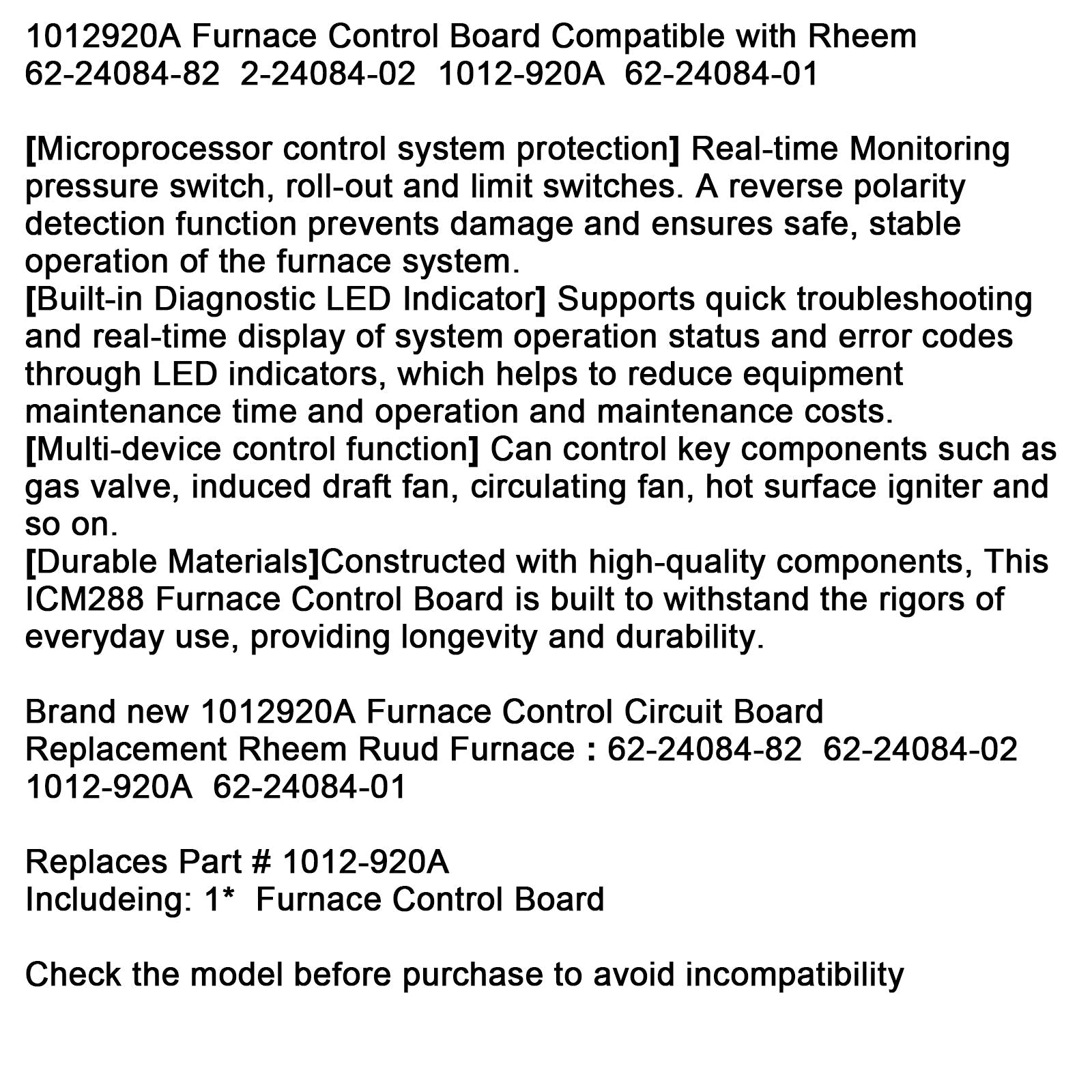 Carte de commande de four 1012920A compatible avec Rheem 62-24084-82 2-24084-02