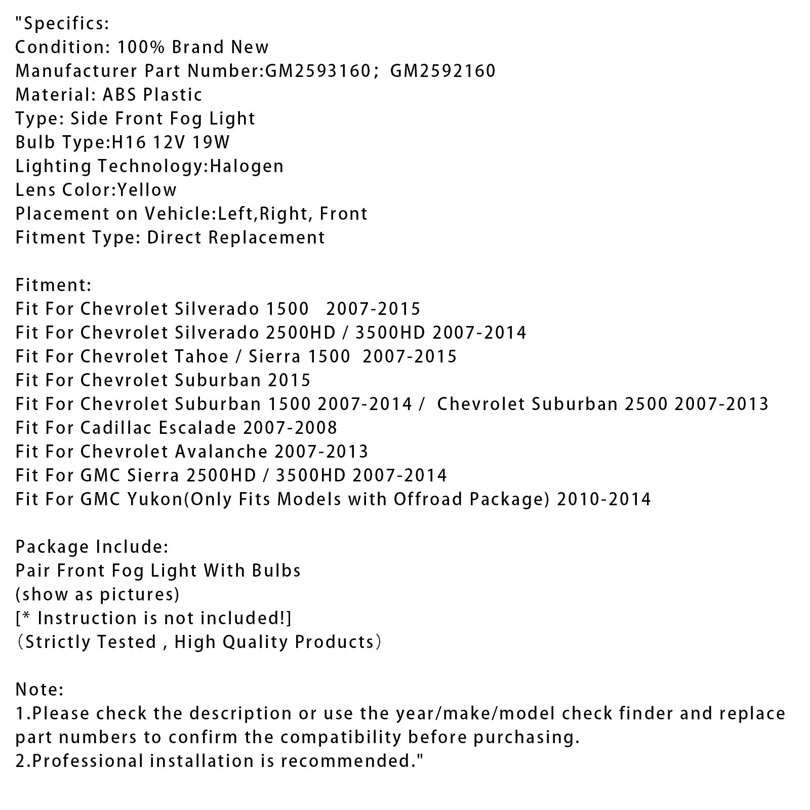Par meglenkov z žarnicami za Chevy Tahoe Sierra 2007-2015, rumeni leča