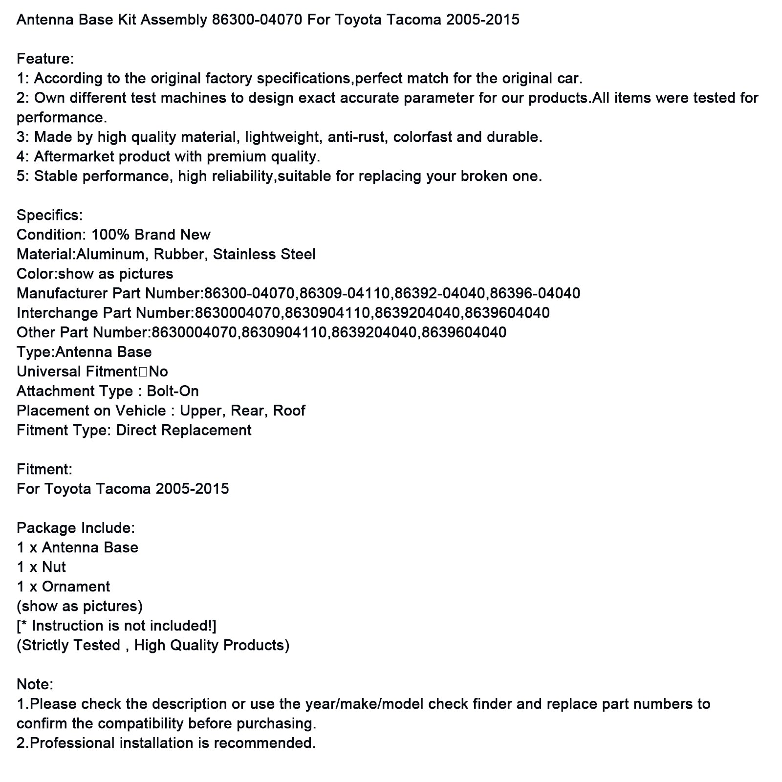 Ensemble de base d'antenne 86300-04070 pour Toyota Tacoma 2005-2015