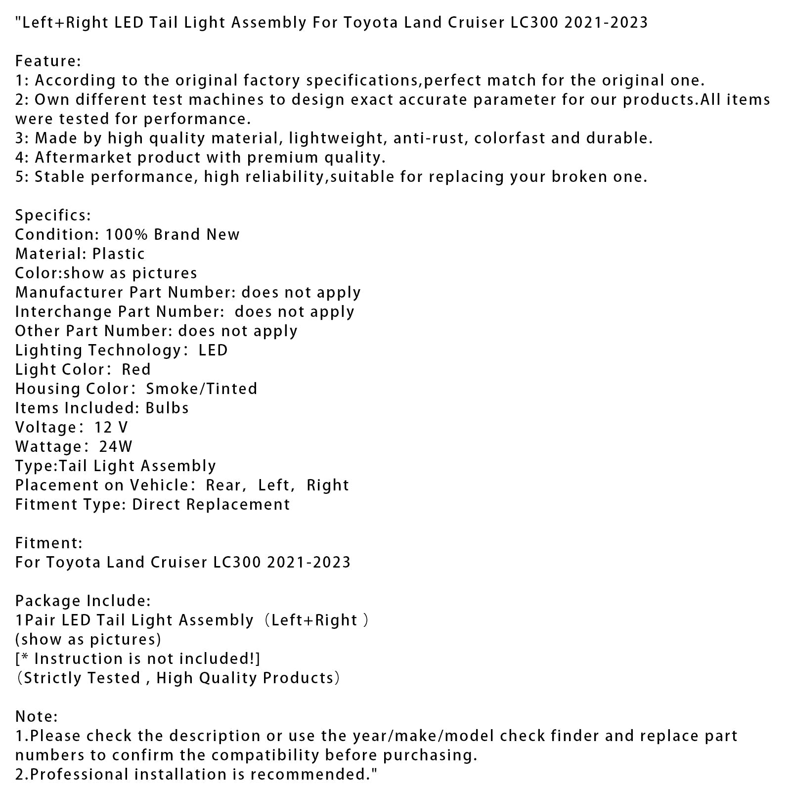 Zestaw tylnych i prawych tylnych świateł dla Toyota Land Cruiser LC300 2021-2023