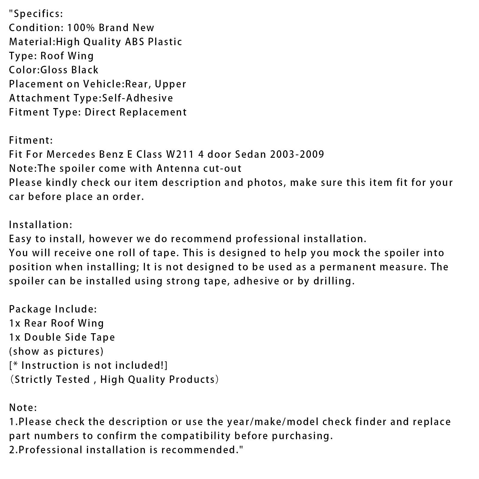 Błyszczący czarny tylny spojler dachowy do Mercedesa-Benz Klasy E W211 Sedan 2003-2009
