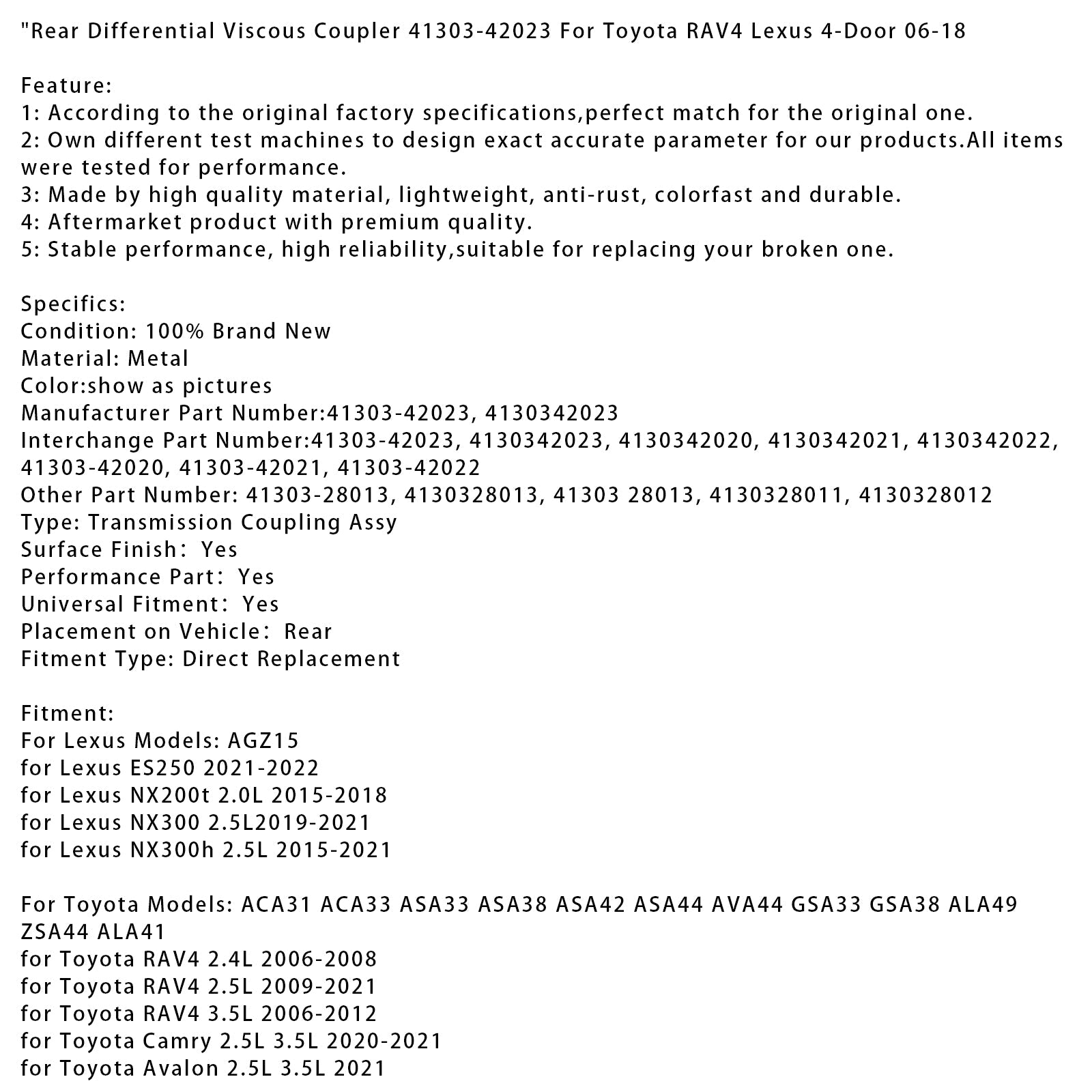 Taka-differentiaalinen viskooppilaite Lexus NX300 2,5 L 2019-2021 41303-42023 4130342023