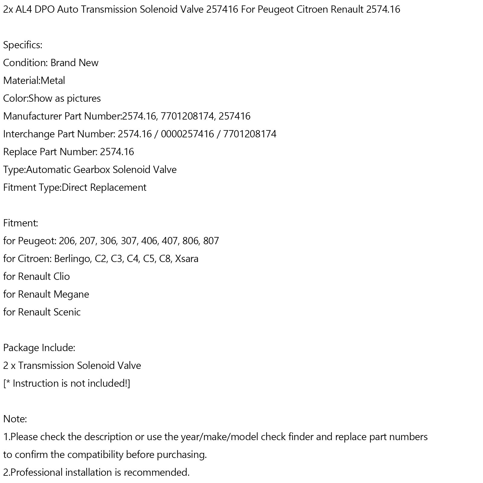 2x AL4 DPO Automobile Transmission Solénoïde Valves Pour Peugeot Renault 2574.16