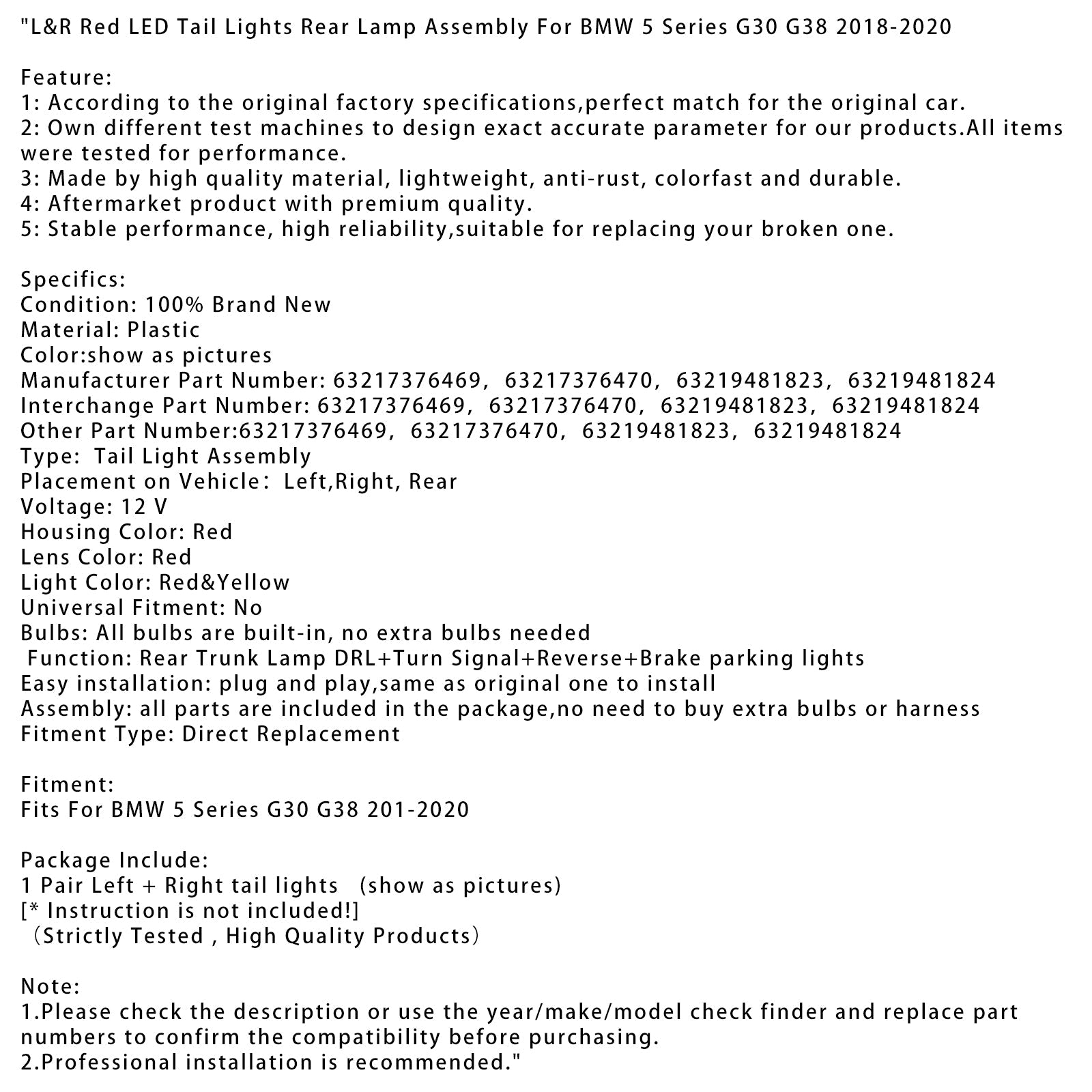 Luci posteriori a LED rosso per BMW 5 G30 G38 2018-2020