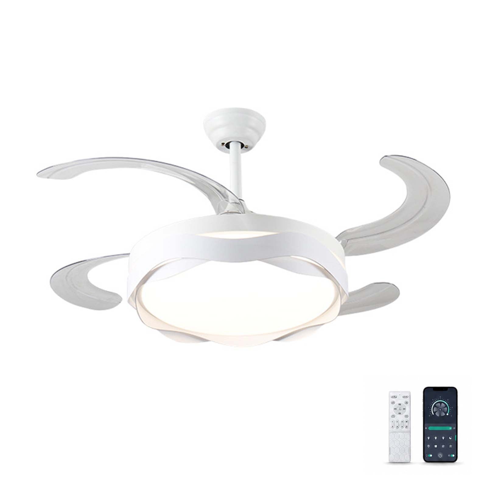 Ventilateur de Plafond Moderne 48" avec Éclairage – Pales Transparentes Rétractables, 6 Vitesses, 35 W, Contrôle par Application