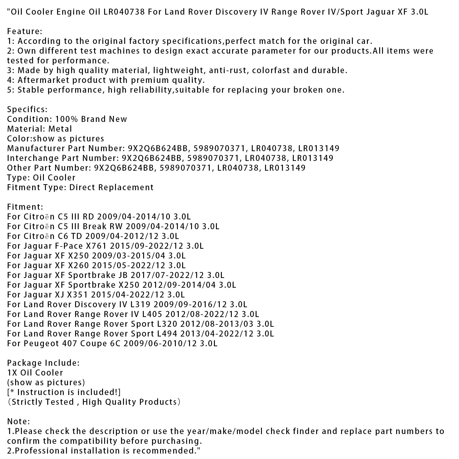 Enfriador d&Aceite de motor para Land Rover Range Rover IV L405 3.0L (08/2012-12/2022) 9X2Q6B624BB LR013149