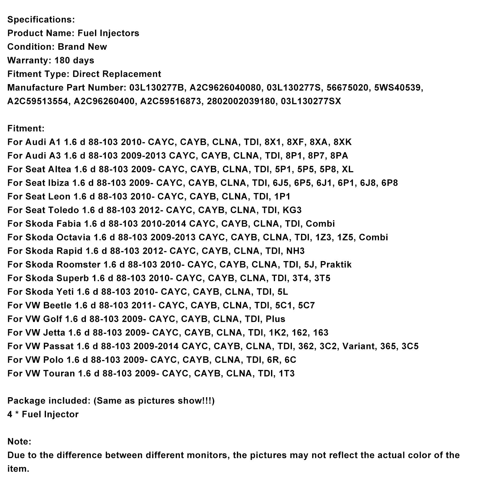 Wtryskiwacz paliwa 03L130277B 03L130277S do Skody Rapid 1.6 d 88-103 CAYC, CAYB, CLNA, TDI, NH3 (2012-obecnie)'dzisiaj)