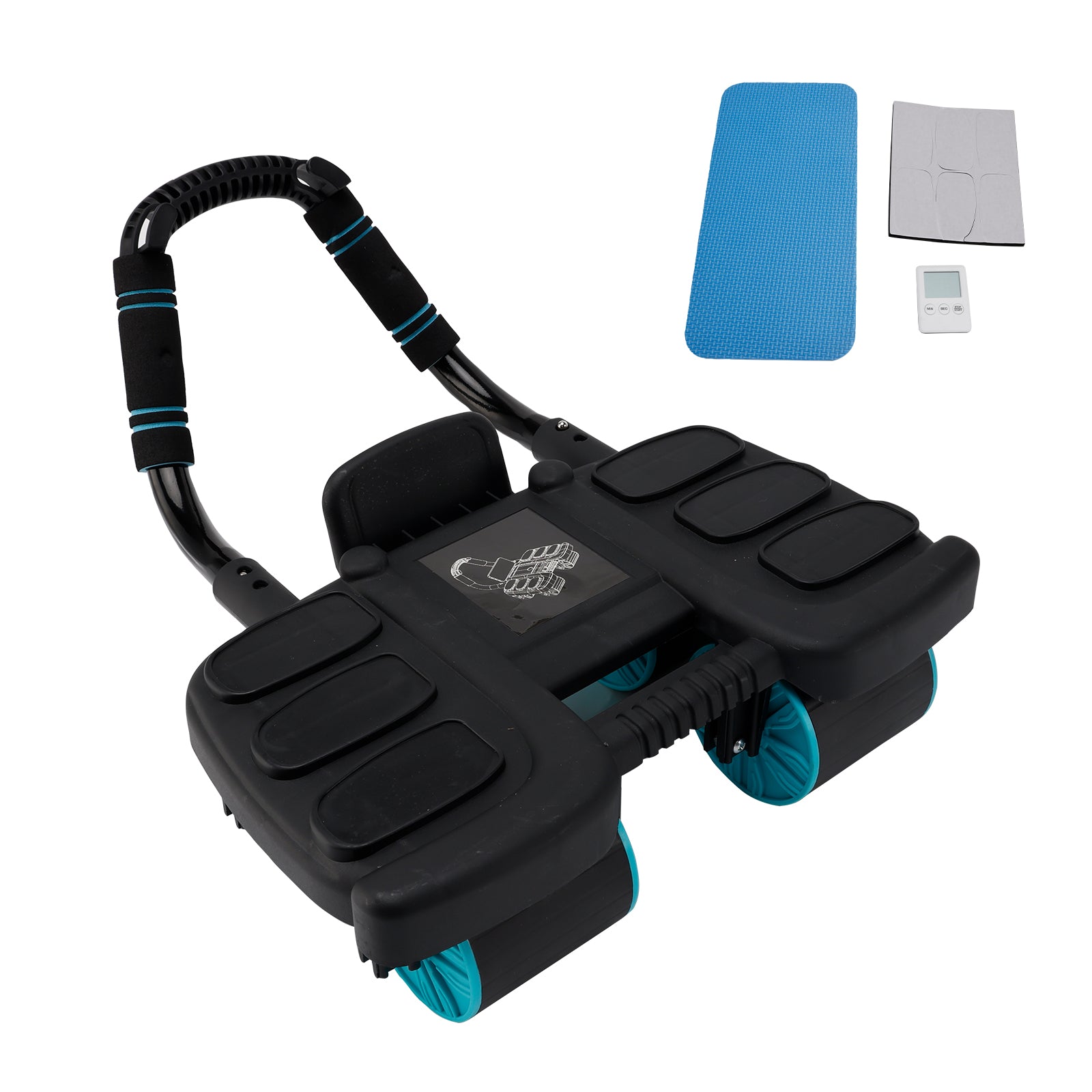 Roue abdominale noire à rebond automatique et support coudé portable pour gymnastique à domicile – Stabilité à 4 roues avec chronomètre, entraîneur de gainage parfait pour hommes et femmes
